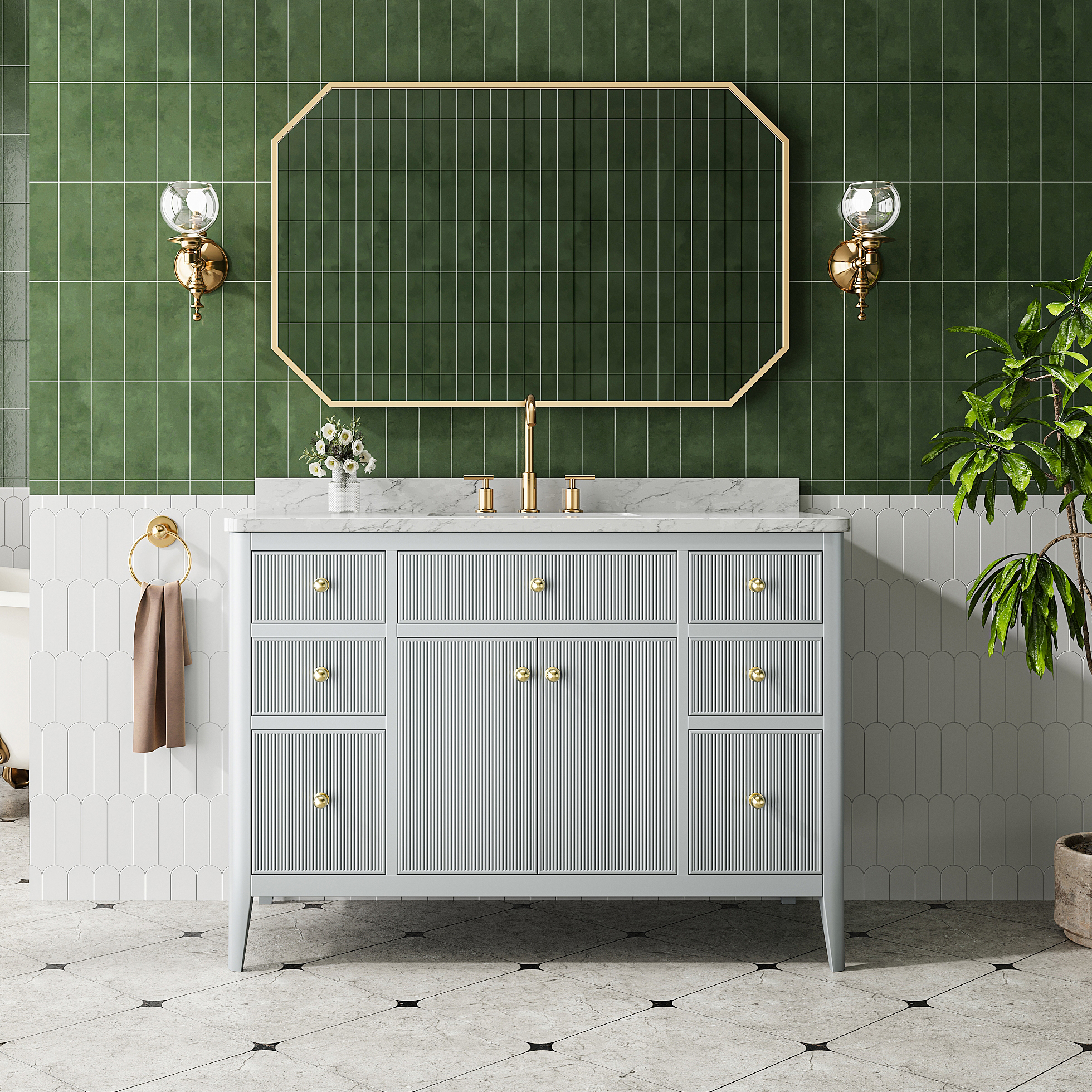 30"/36"/48" Freestanding Single Sink Bathroom Vanity with Solid Wood Construction & Marble Top