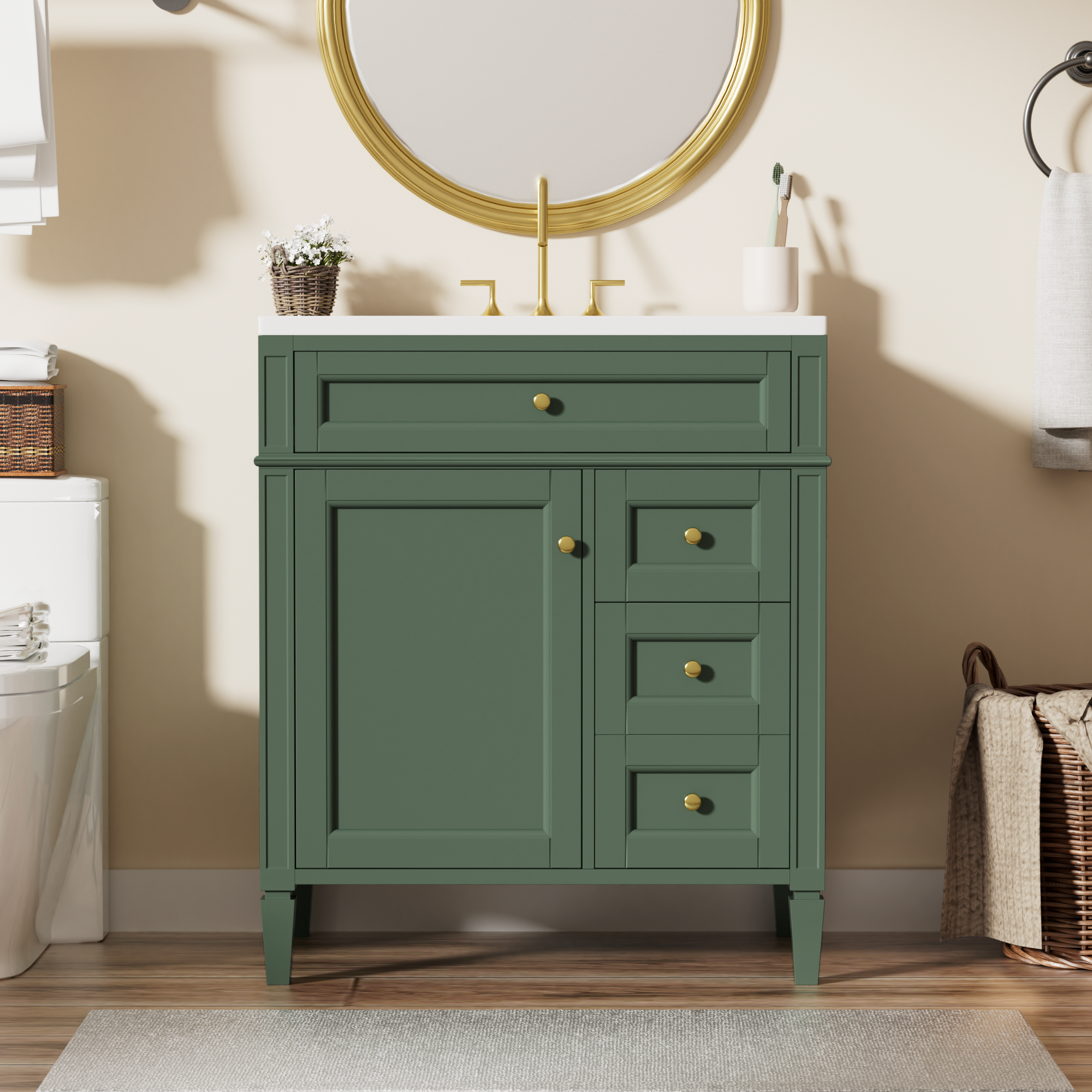 30" Freestanding Bathroom Vanity in Green with 2 Drawers and a Tip-out Drawer