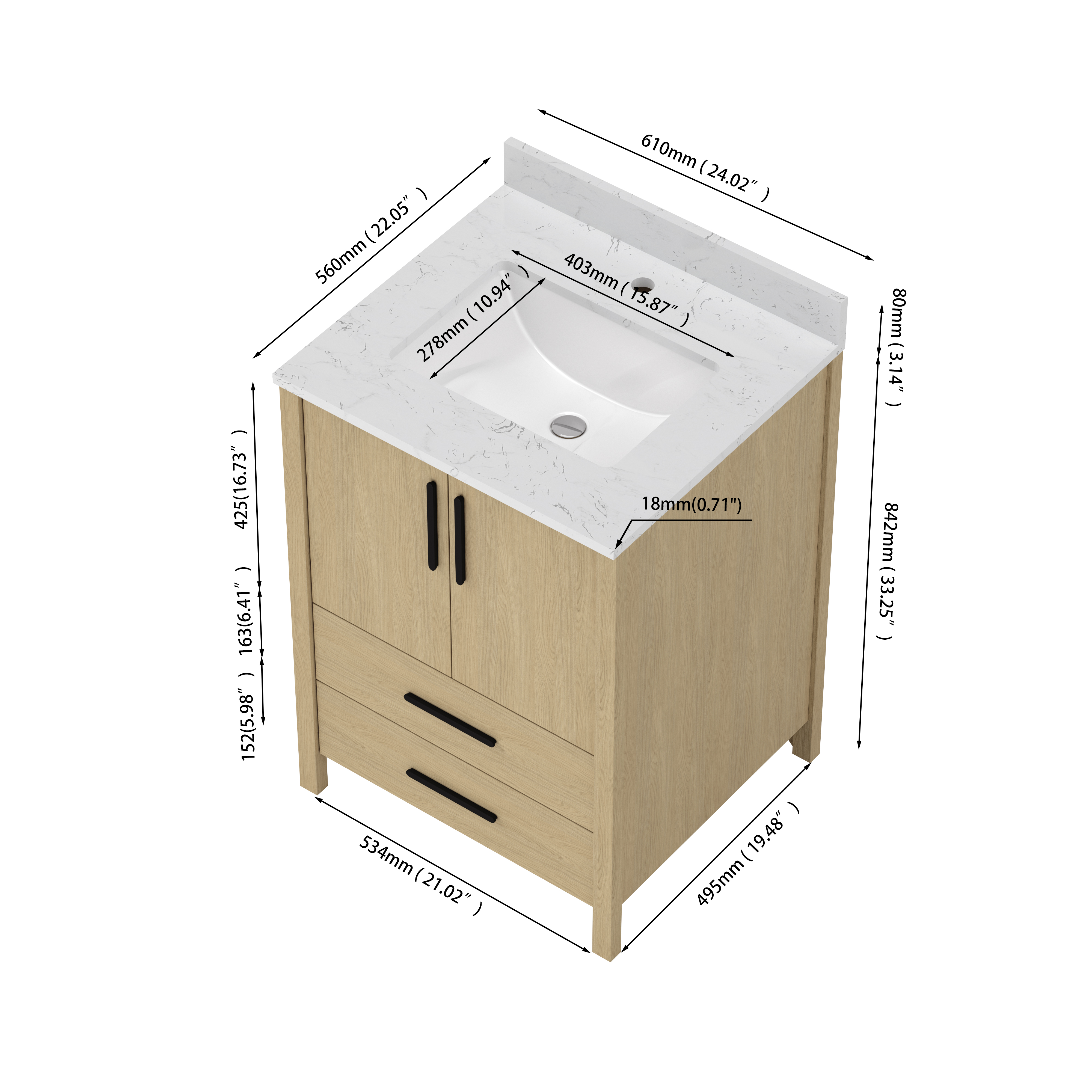 24"/36" Single Sink Bathroom Vanity with Light Natural Wood & Marble Top