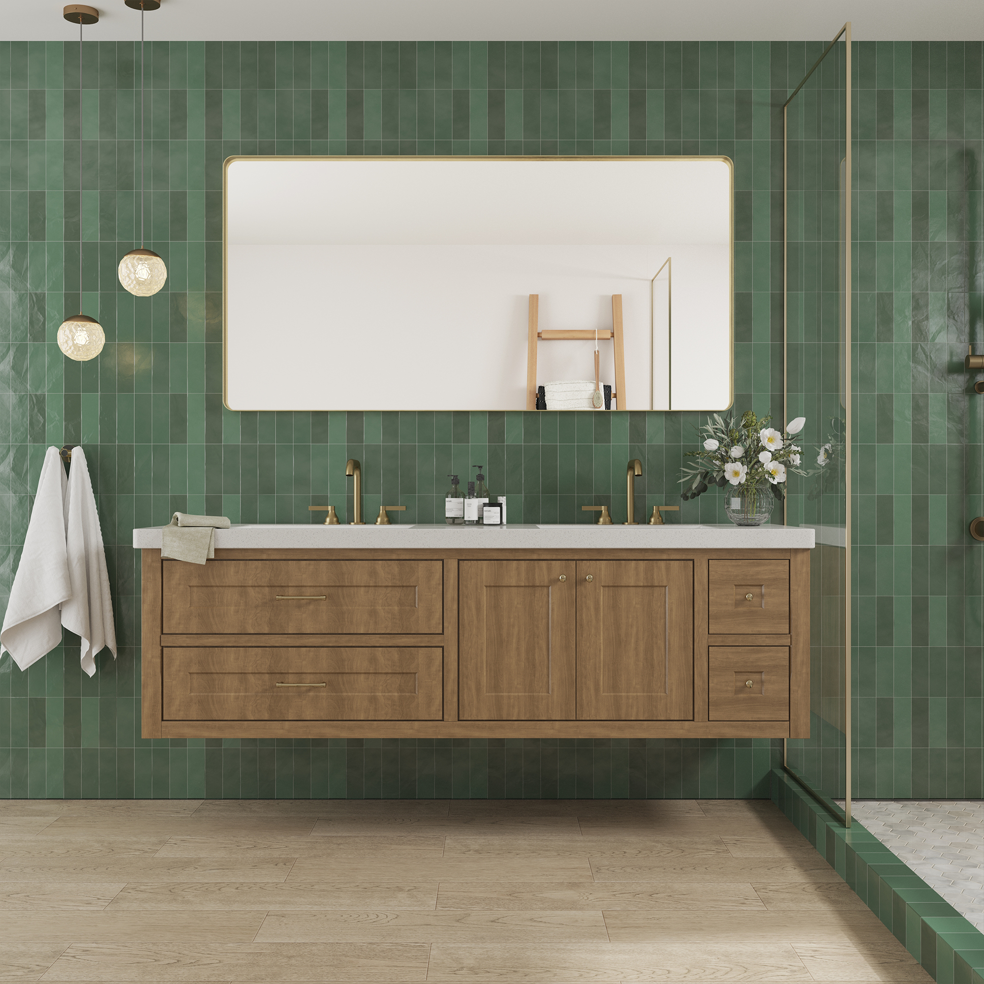 Tempered Glass Wall-Mounted Mirror with Gold Metal Frame