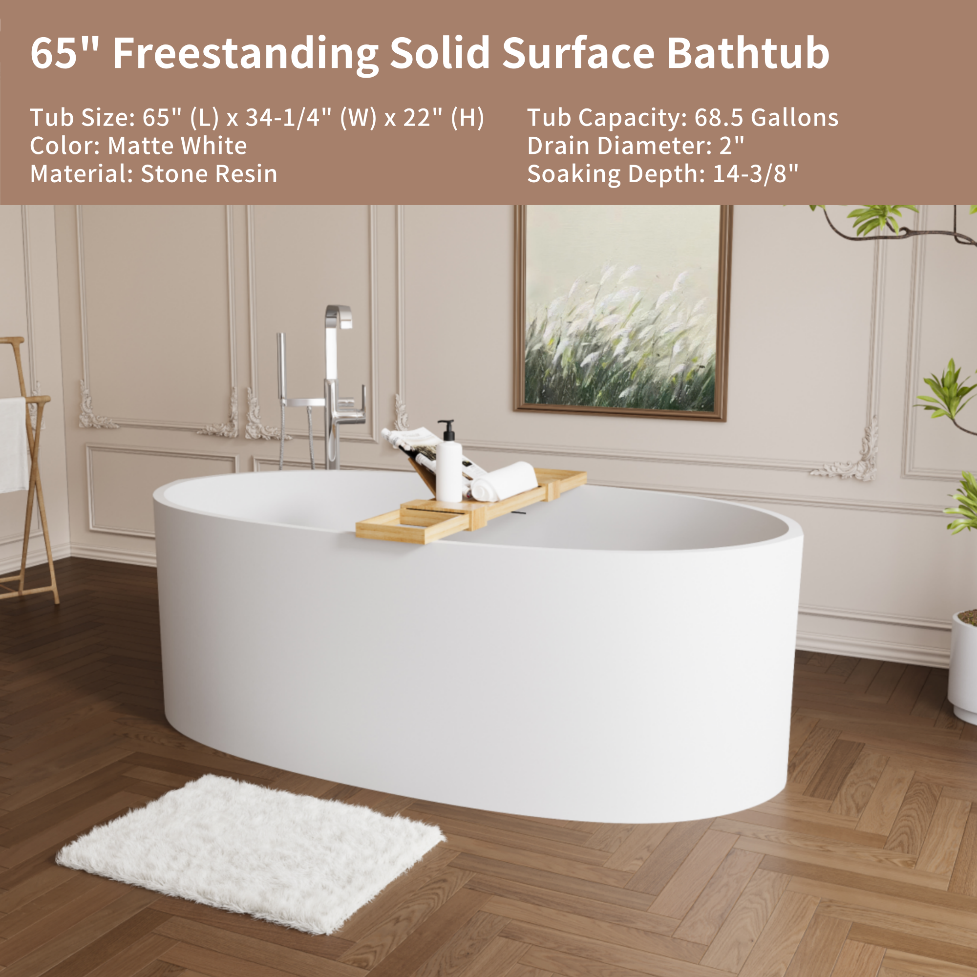 65" Modern Stone Resin Soaking Tub with Ergonomic Design & Copper Pop-Up Drain