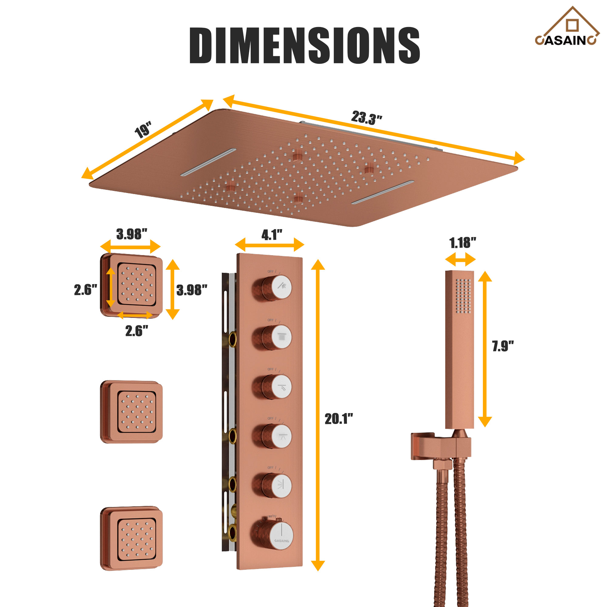 20*24'' Rectangle Shower System With 4 Sprays Modes & 3 Body Jets