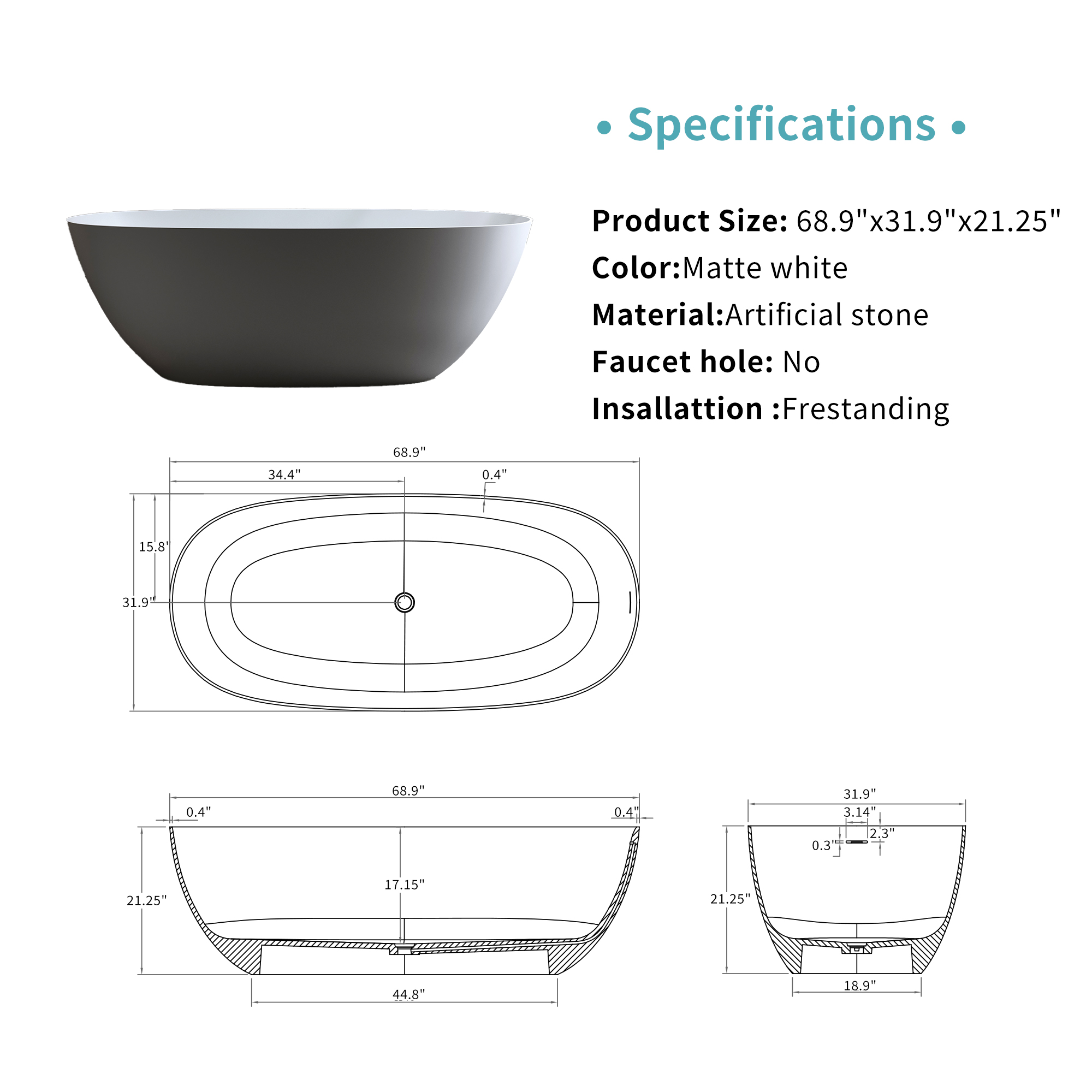 57"/61"/65"/69" Luxury Stone Resin Freestanding Soaking Bathtub in Hand-Polished Finish