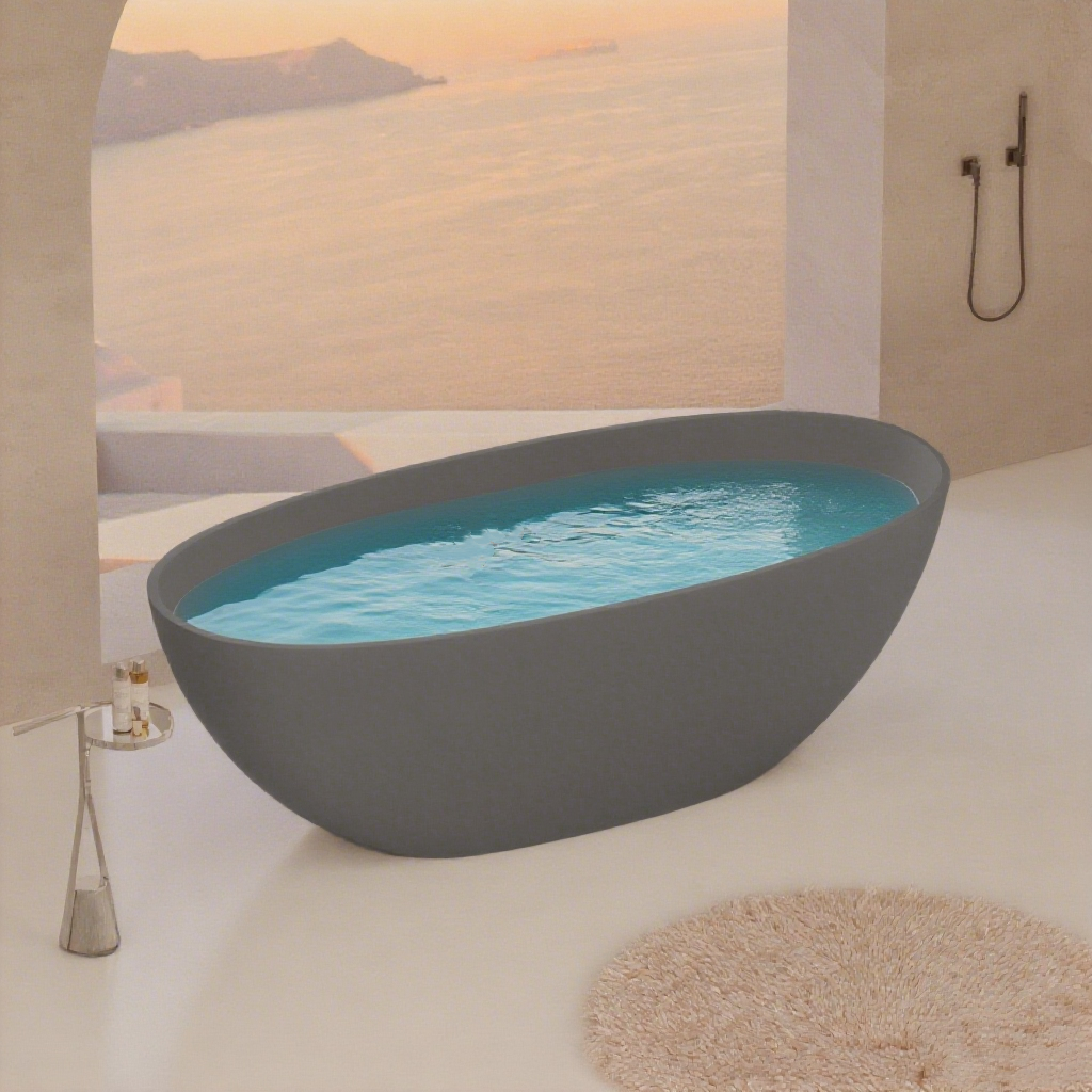 65" Freestanding Solid Surface Bathtub with Overflow, Pop-up Drain andSanding Sponge