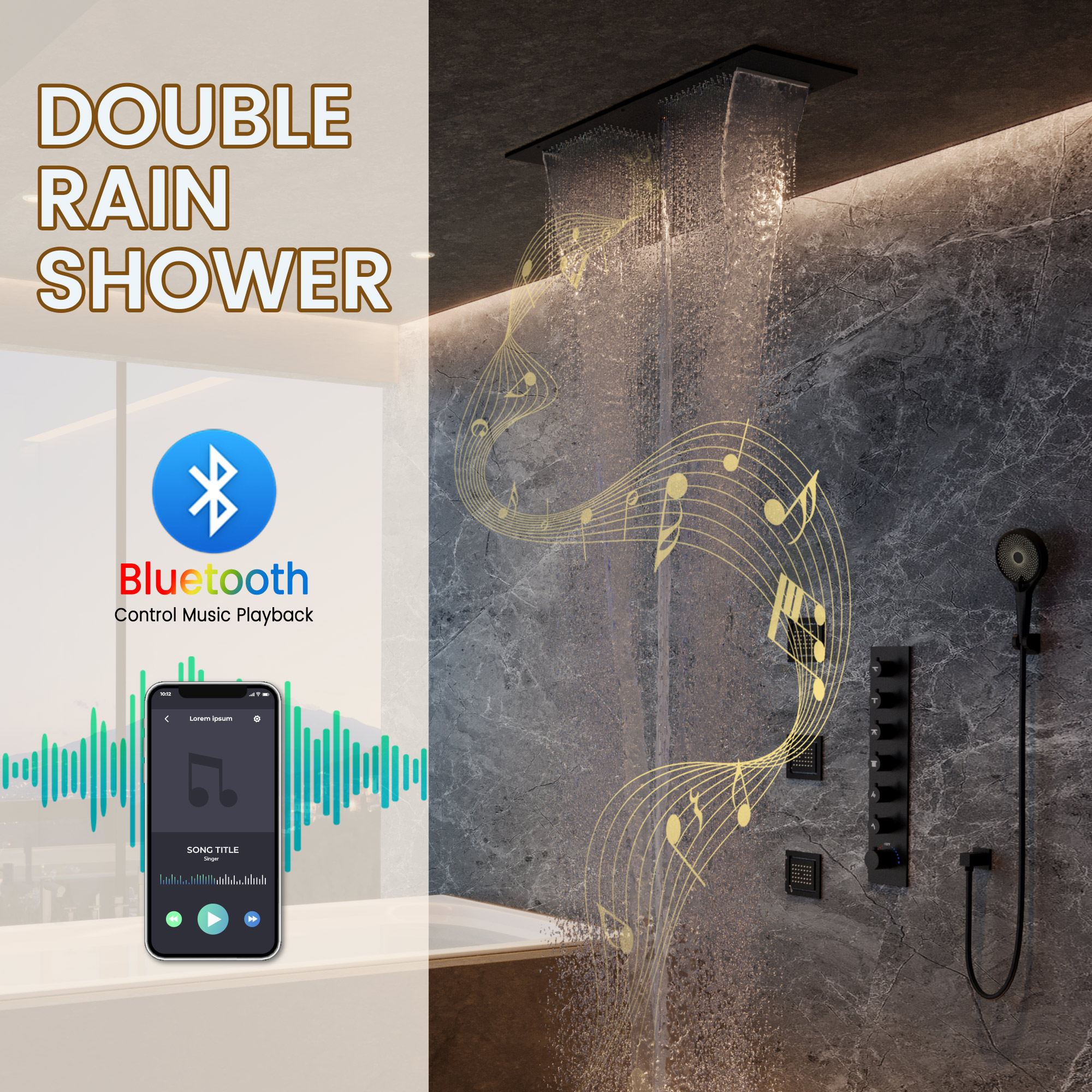 35*12 inch 6-Function Luxury Shower System with Body Jets & Bluetooth
