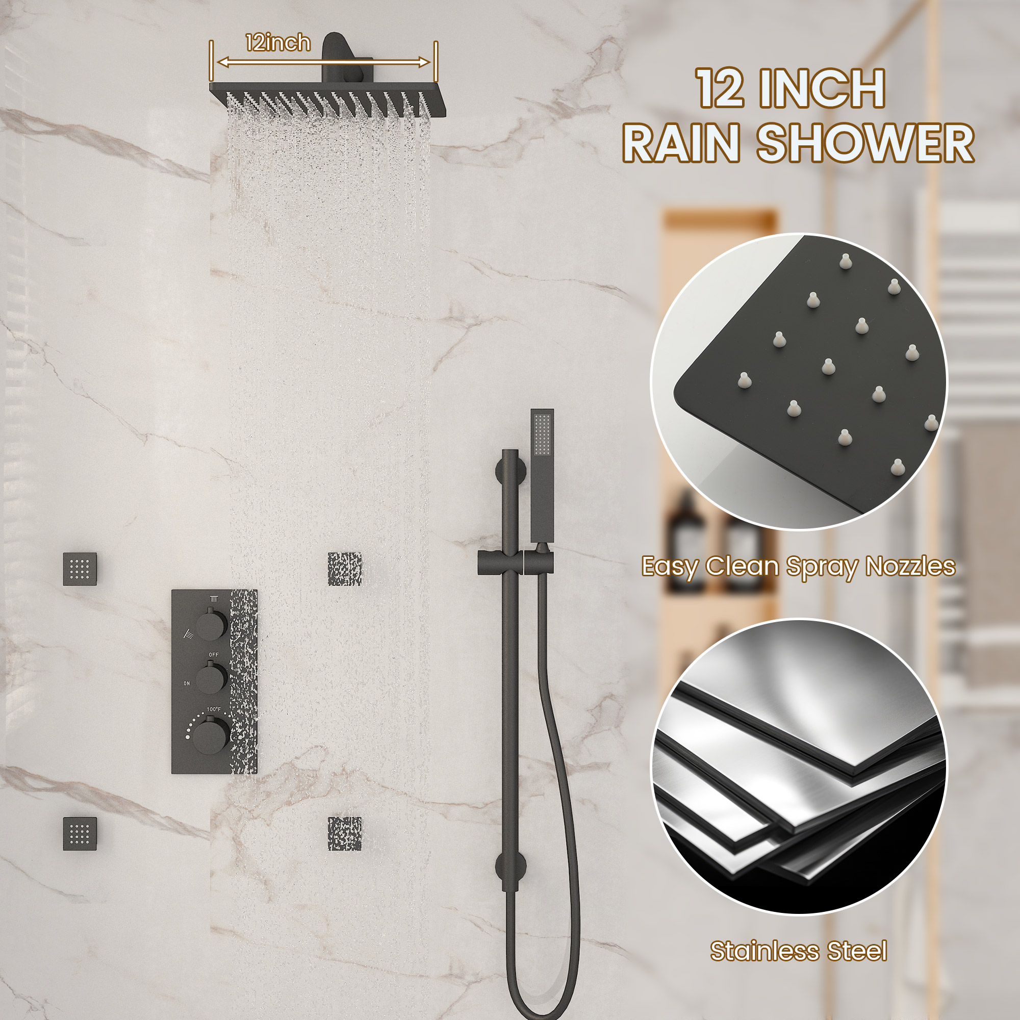 12-inch 3-Function Thermostatic Rain Shower System with Body Jets & Slide Bar