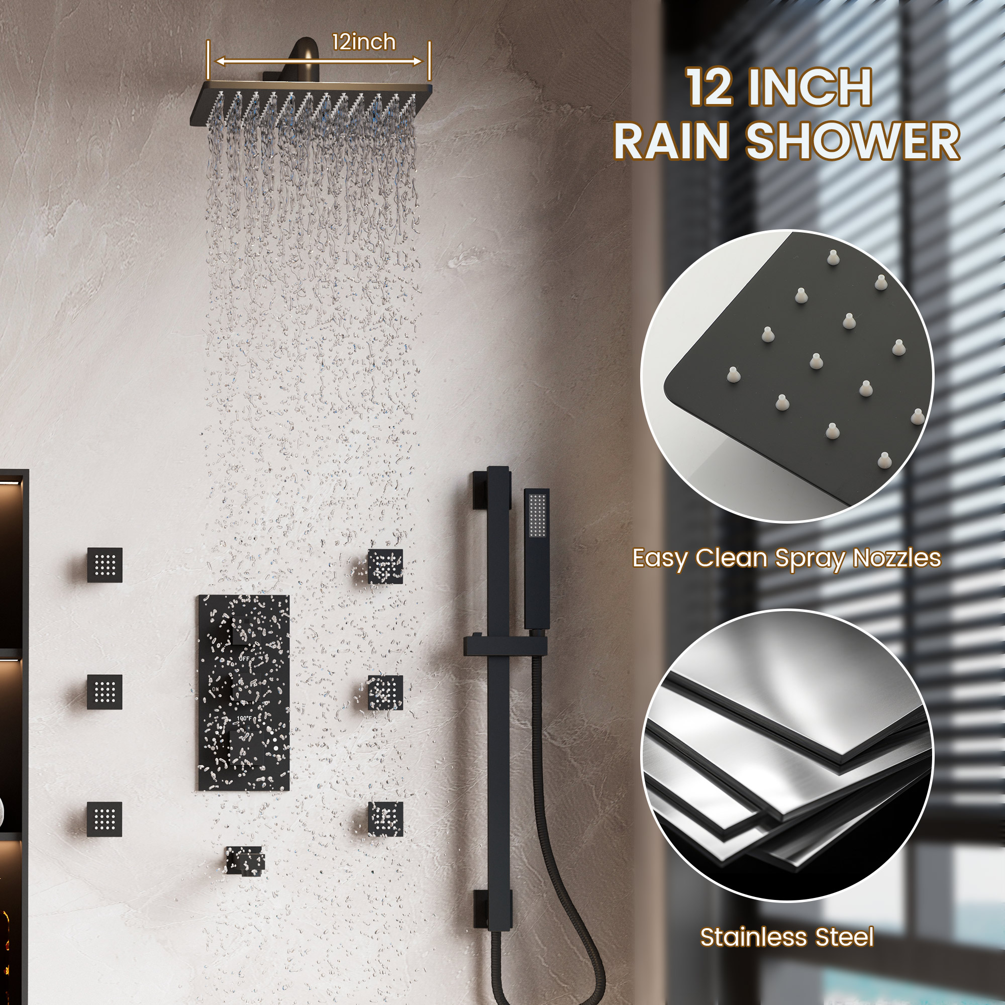 12-inch 4-Function Body Jet Shower System with Tub Spout & Slide Bar