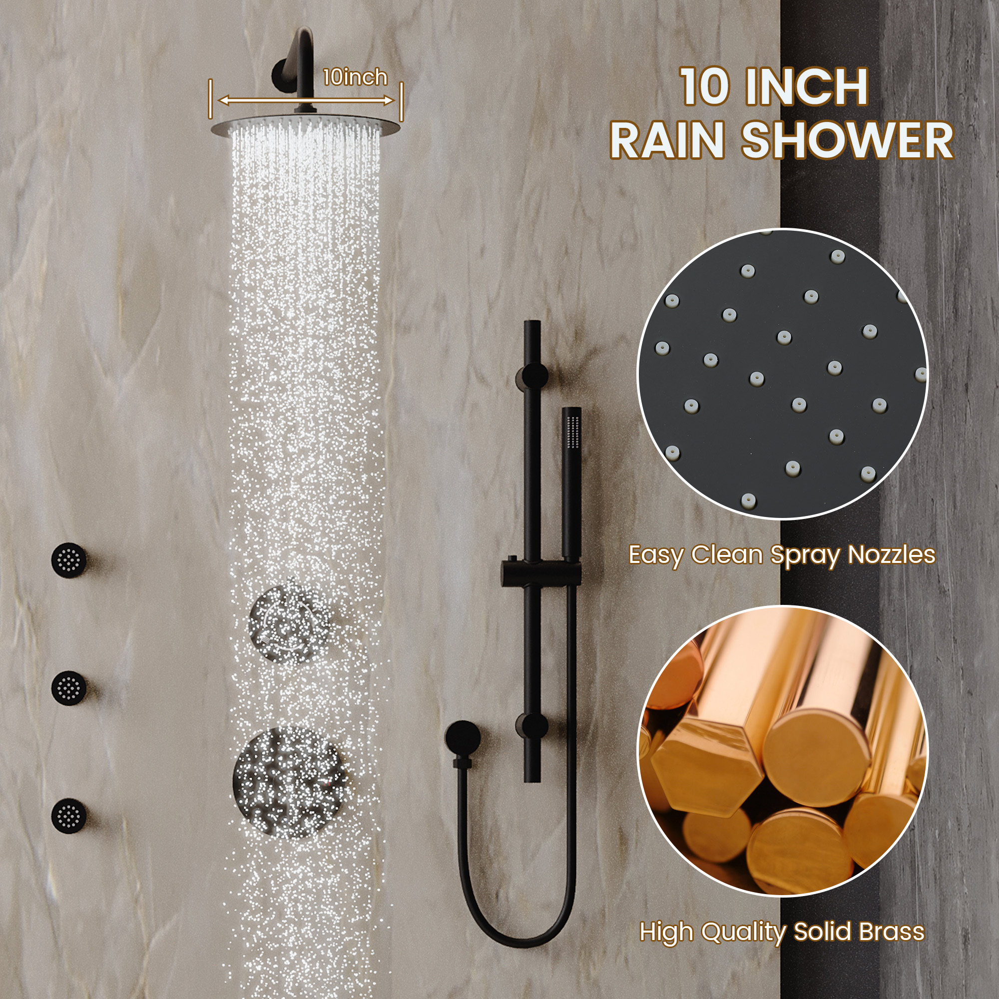 10-inch Wall-Mounted Rain Shower System with Body Jets & Slide Bar