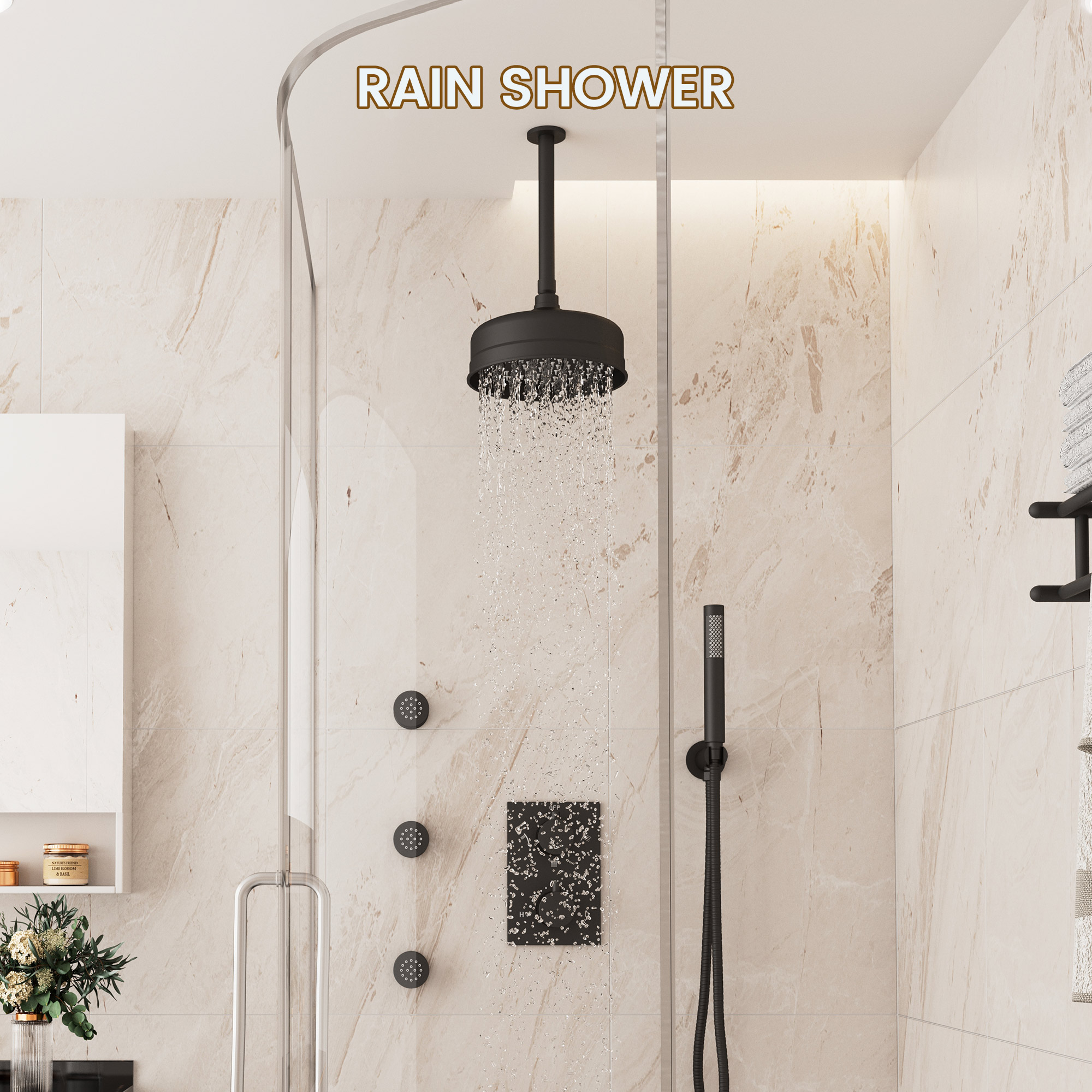 8-inch Ceiling-Mounted Thermostatic Shower System with Body Jets