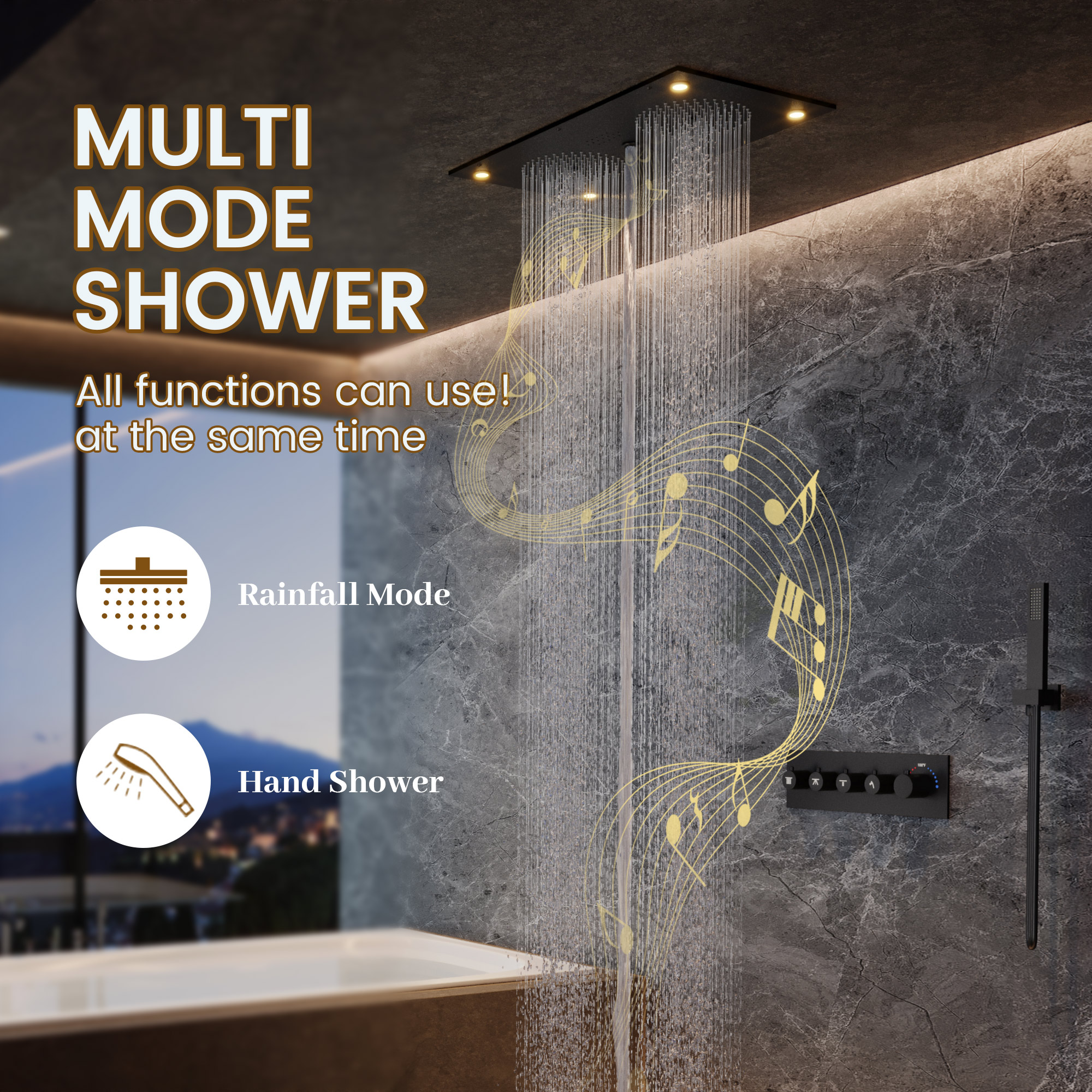 28*15 inch 4-Function Thermostatic Shower System with LED Lights & Bluetooth