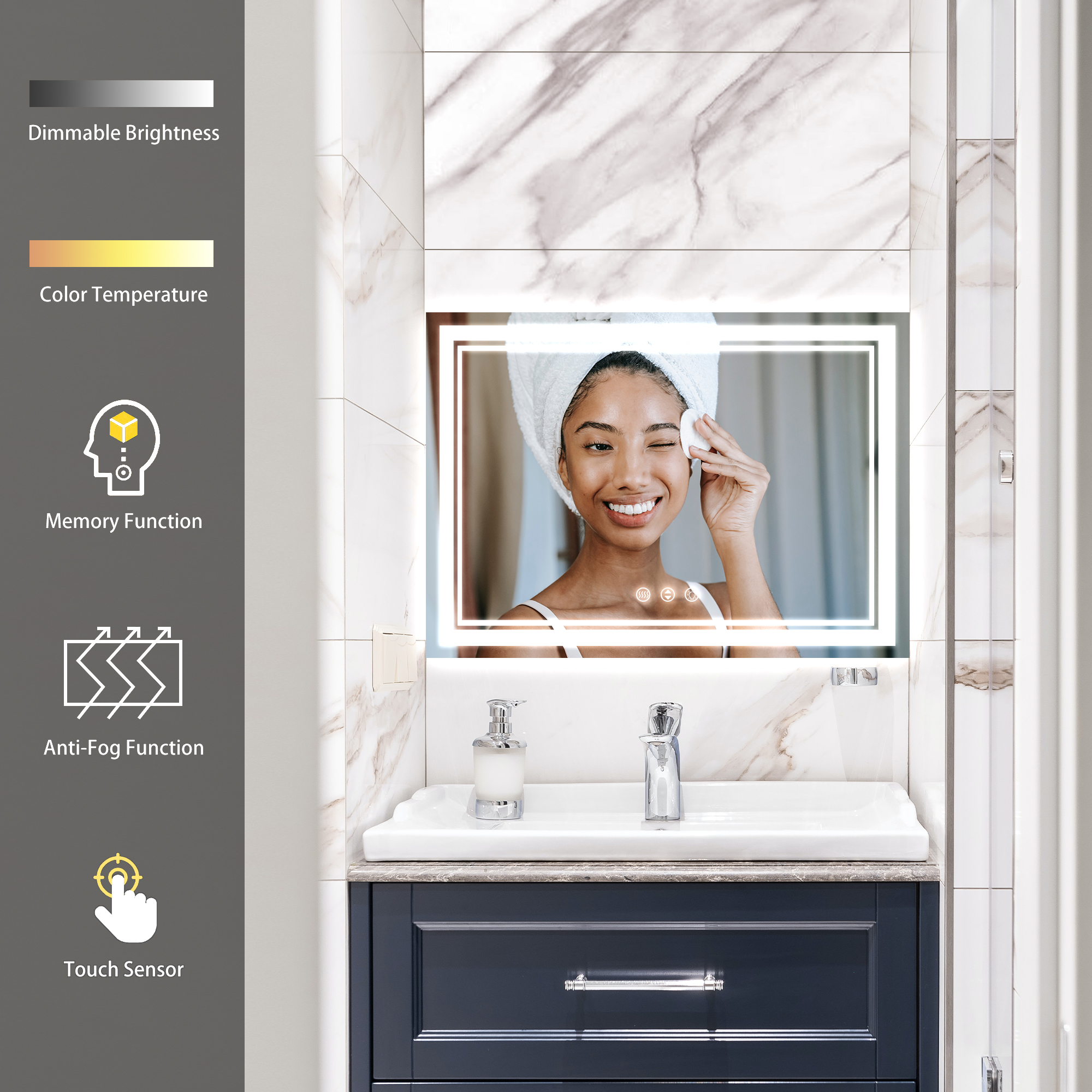 Rectangular Frameless LED Bathroom Mirror with Anti-Fog & Adjustable Color