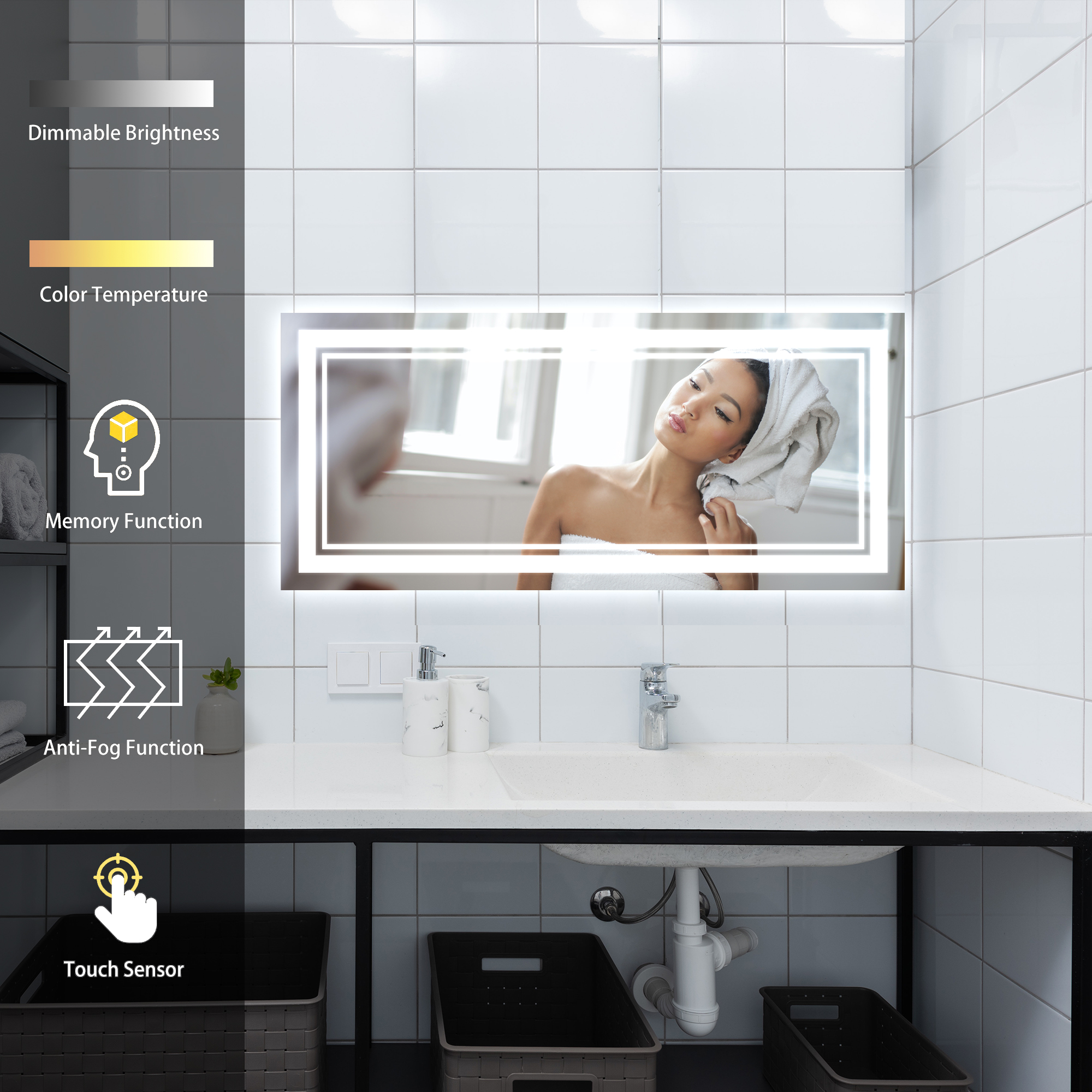 Rectangular Frameless LED Bathroom Mirror with Anti-Fog & Adjustable Color
