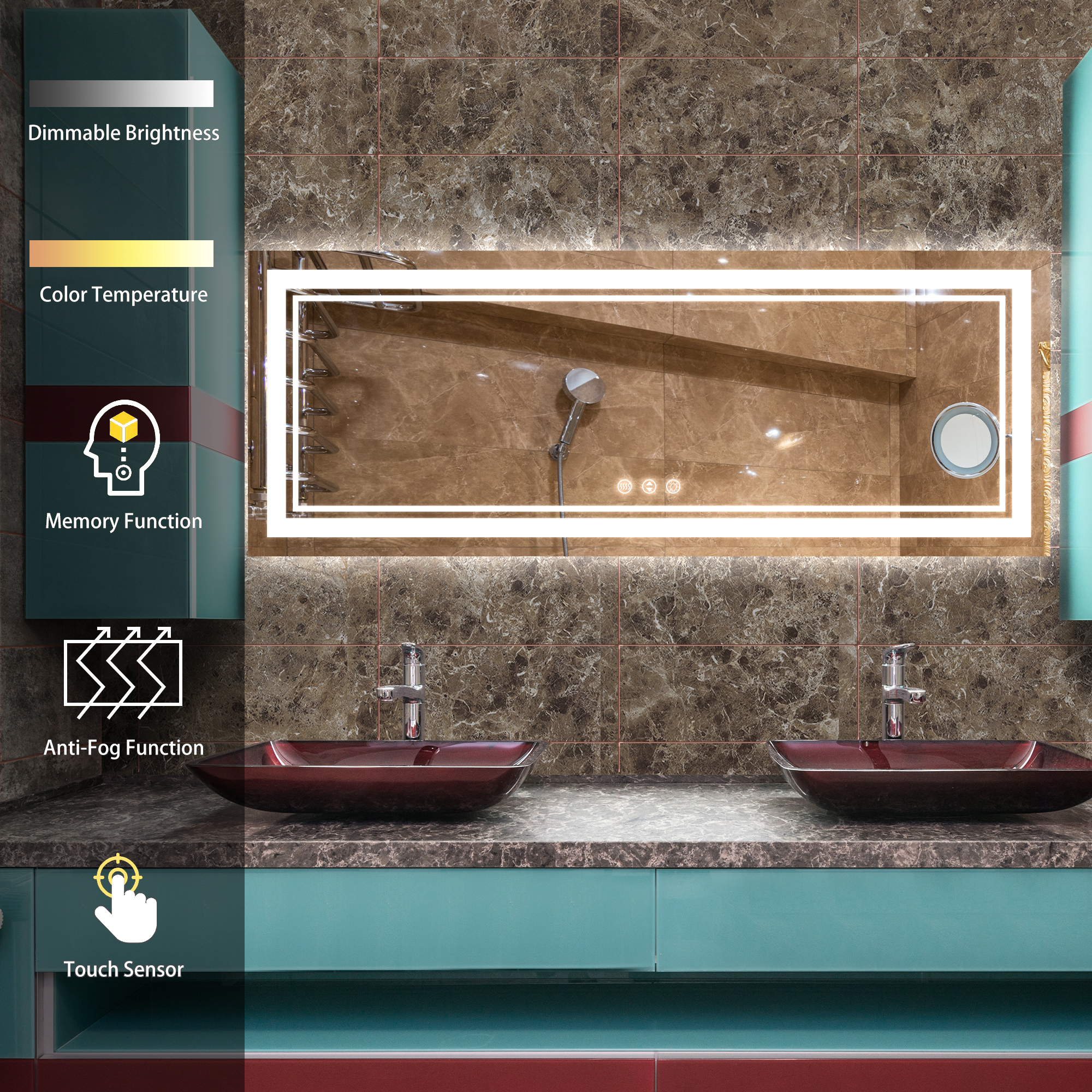 Rectangular Frameless LED Bathroom Mirror with Anti-Fog & Adjustable Color