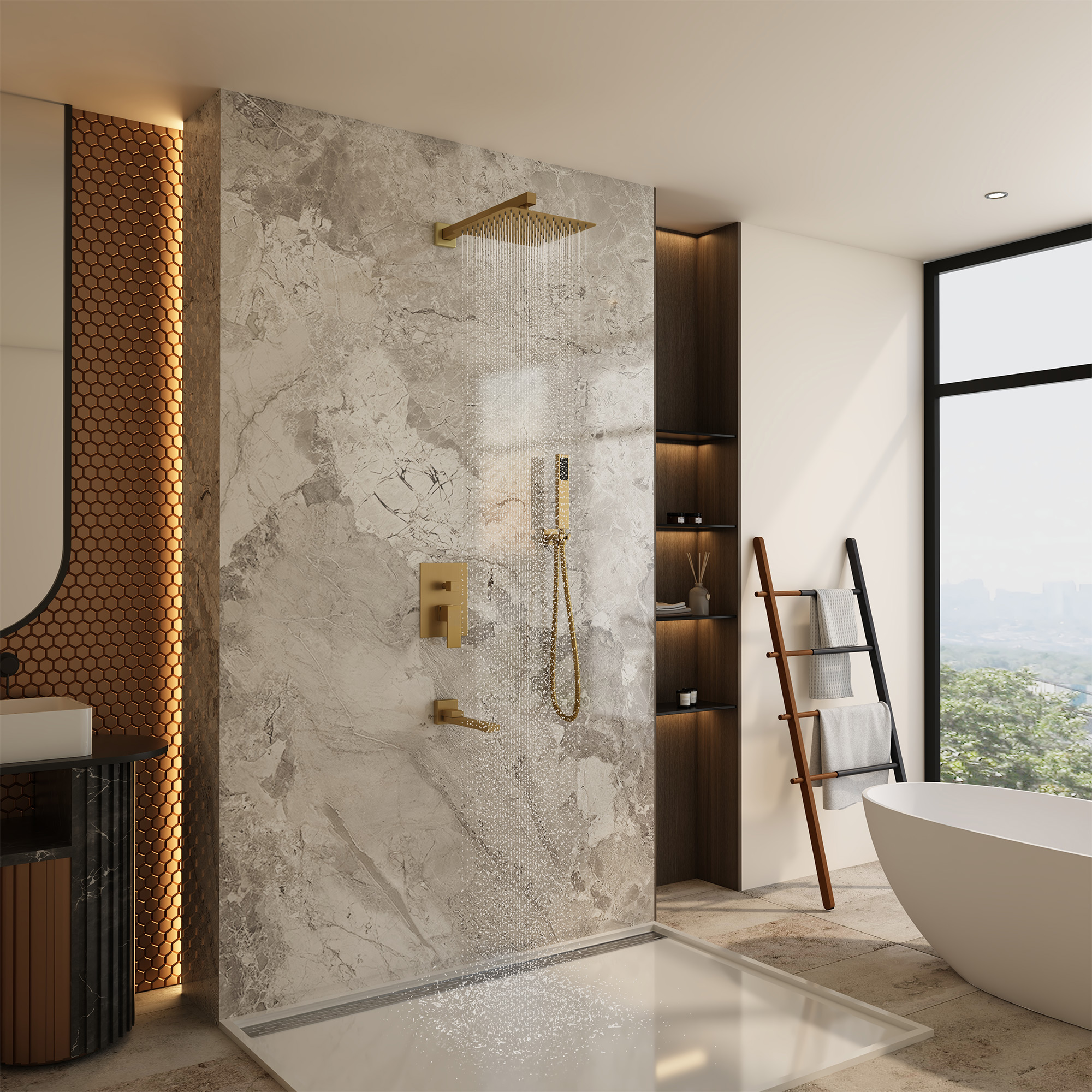 10" Wall Mounted Dual Shower Head Rain Shower System with Tub Spout