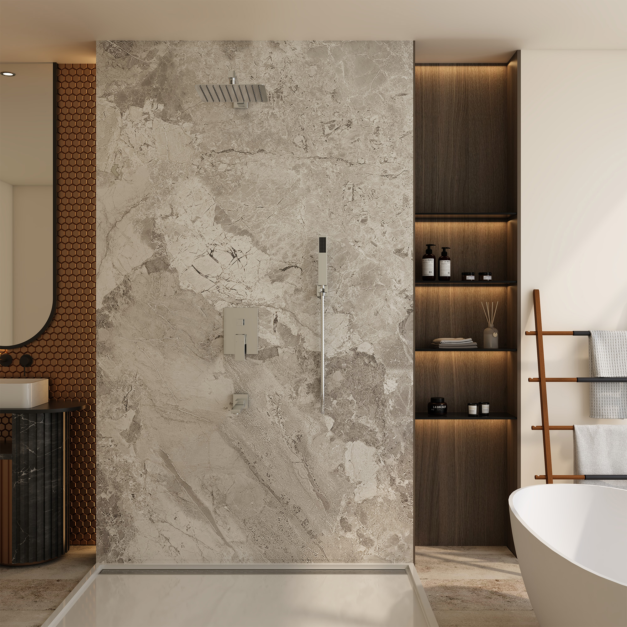 10" Wall Mounted Dual Shower Head Rain Shower System with Tub Spout