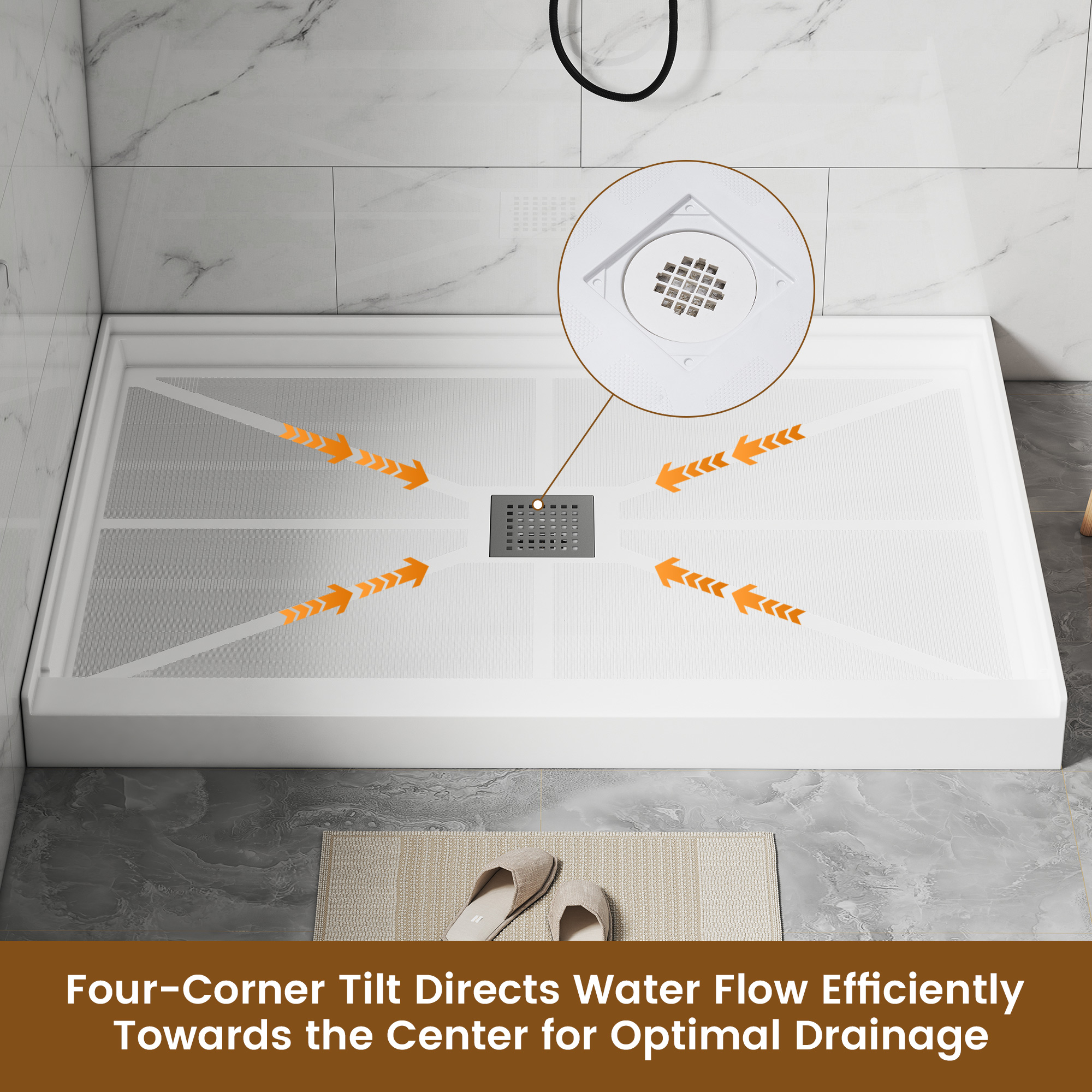 Rectangle Solid Surface White Shower Pan Base with Center Drain