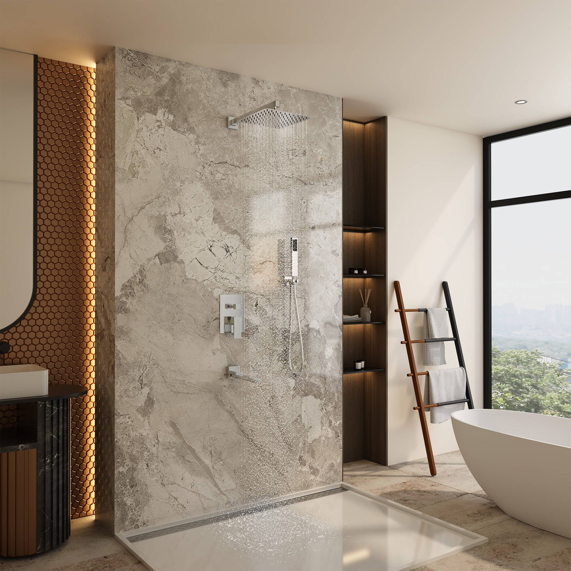 10" Wall Mounted Dual Shower Head Rain Shower System with Tub Spout