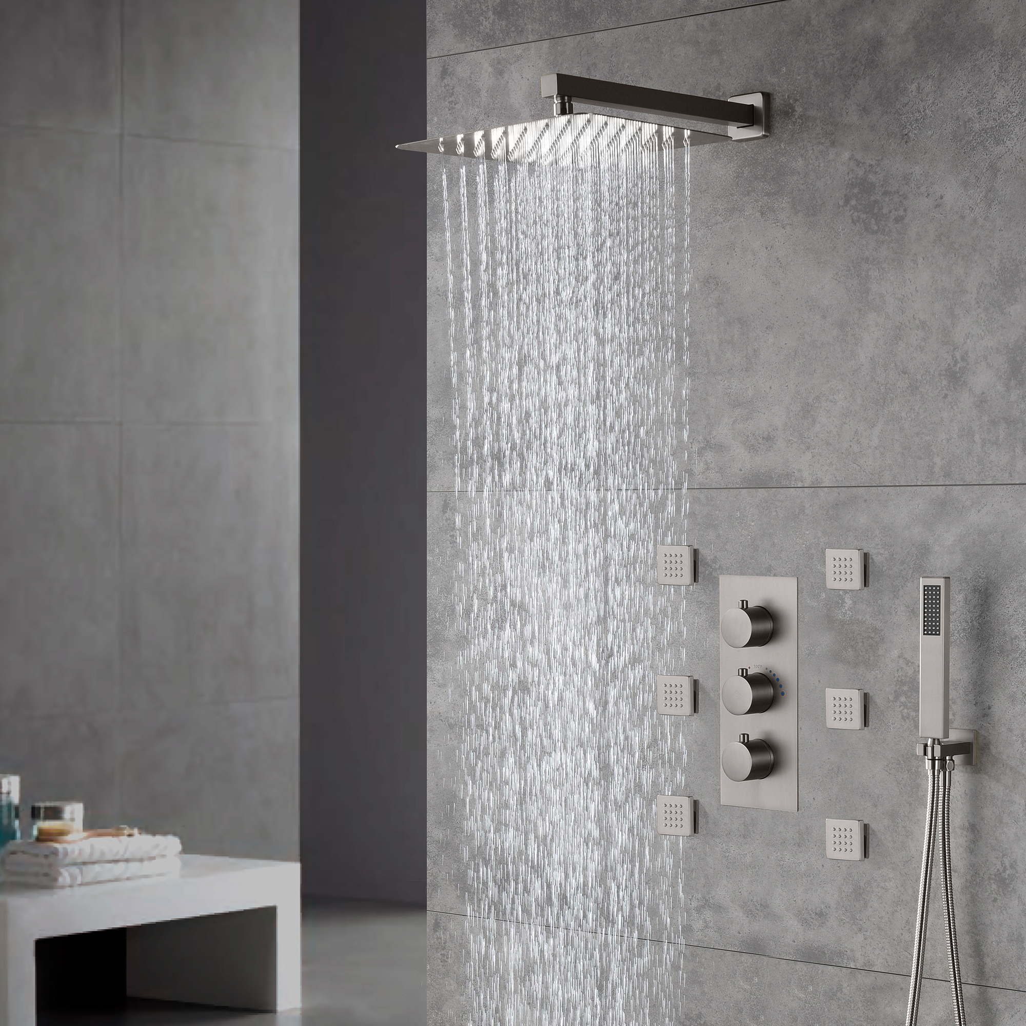 12" Thermostatic Complete Shower System with Rough-in Valve & 6 Body Jets