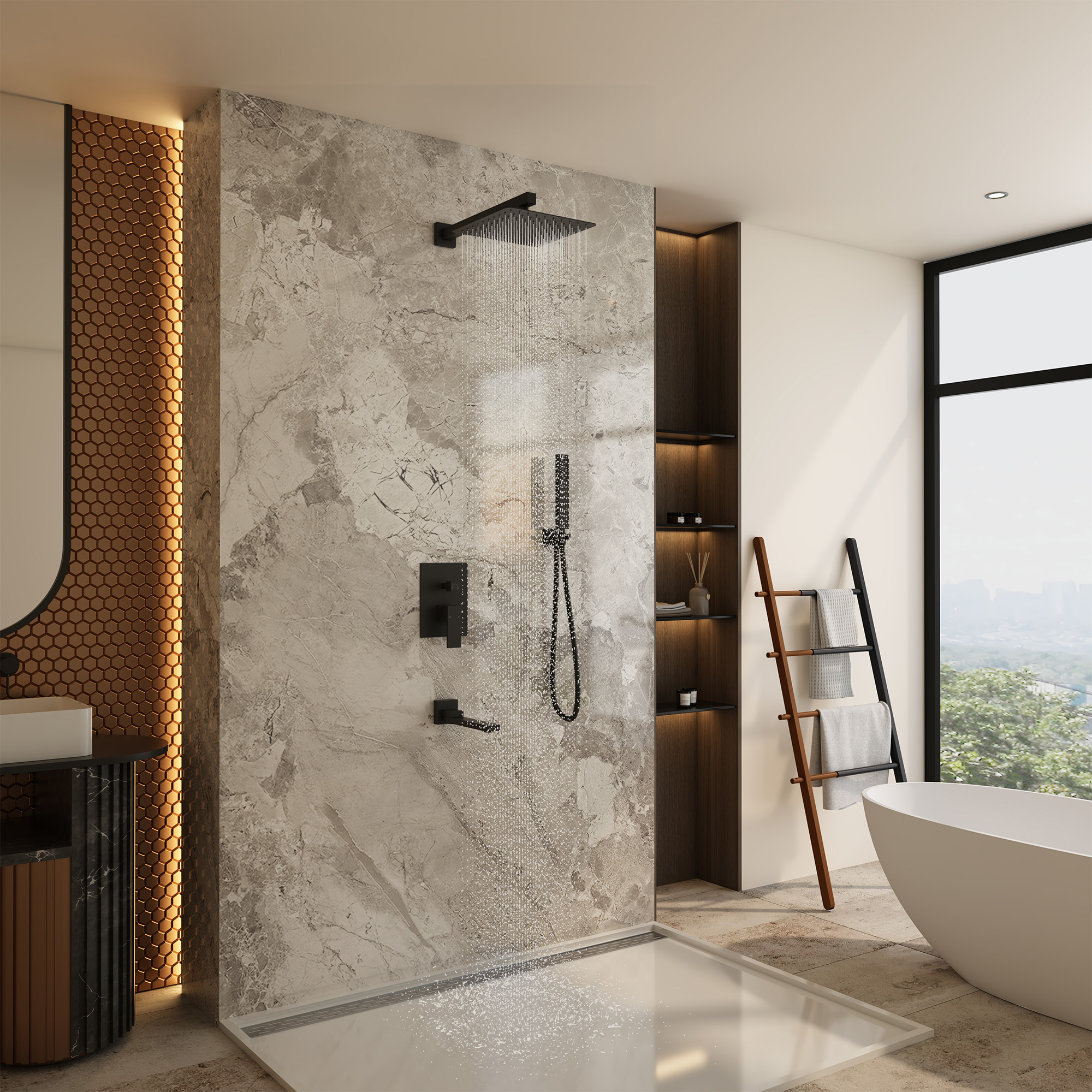 10" Wall Mounted Dual Shower Head Rain Shower System with Tub Spout