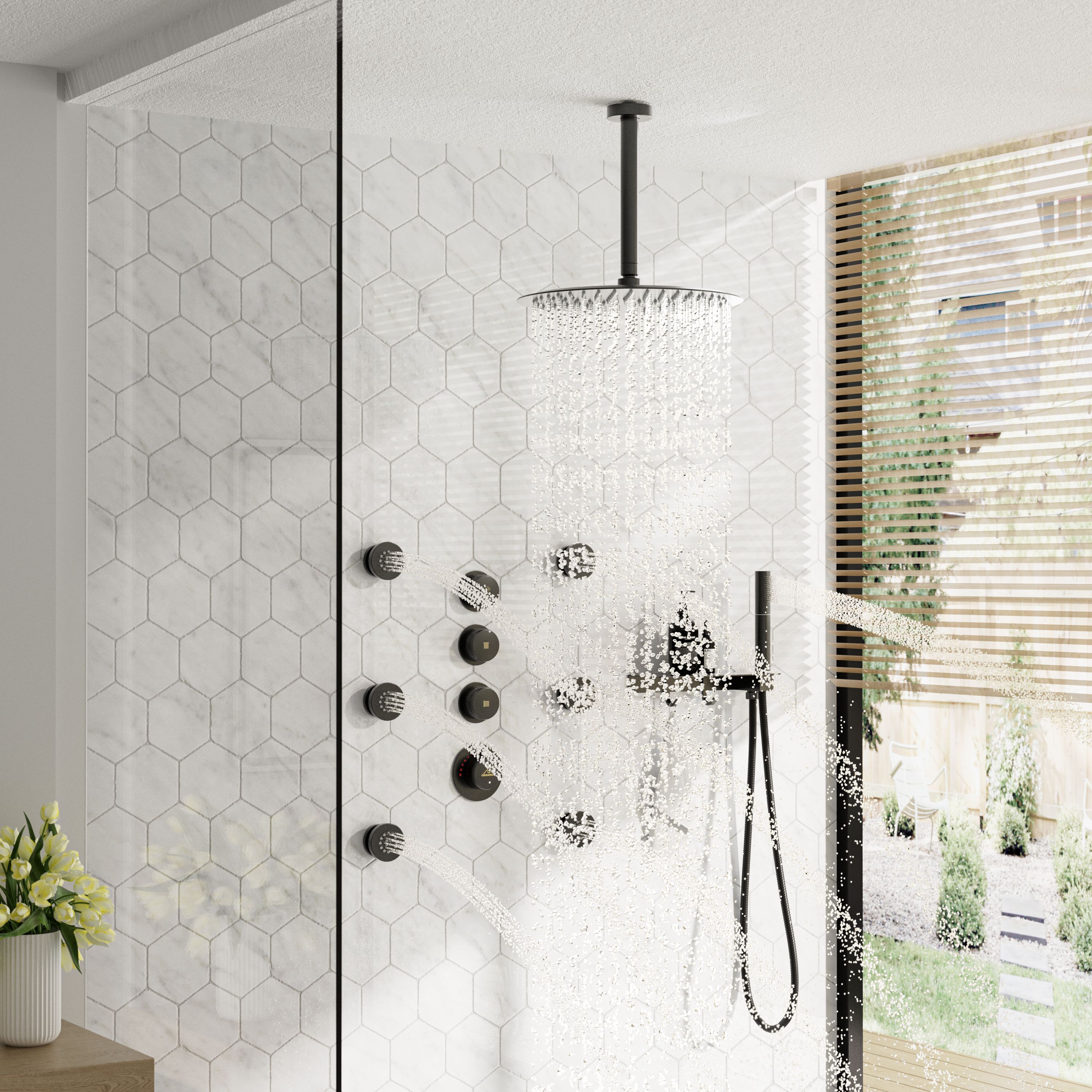 12" Shower System With Shelf, Handheld Shower With Spray Gun Feature