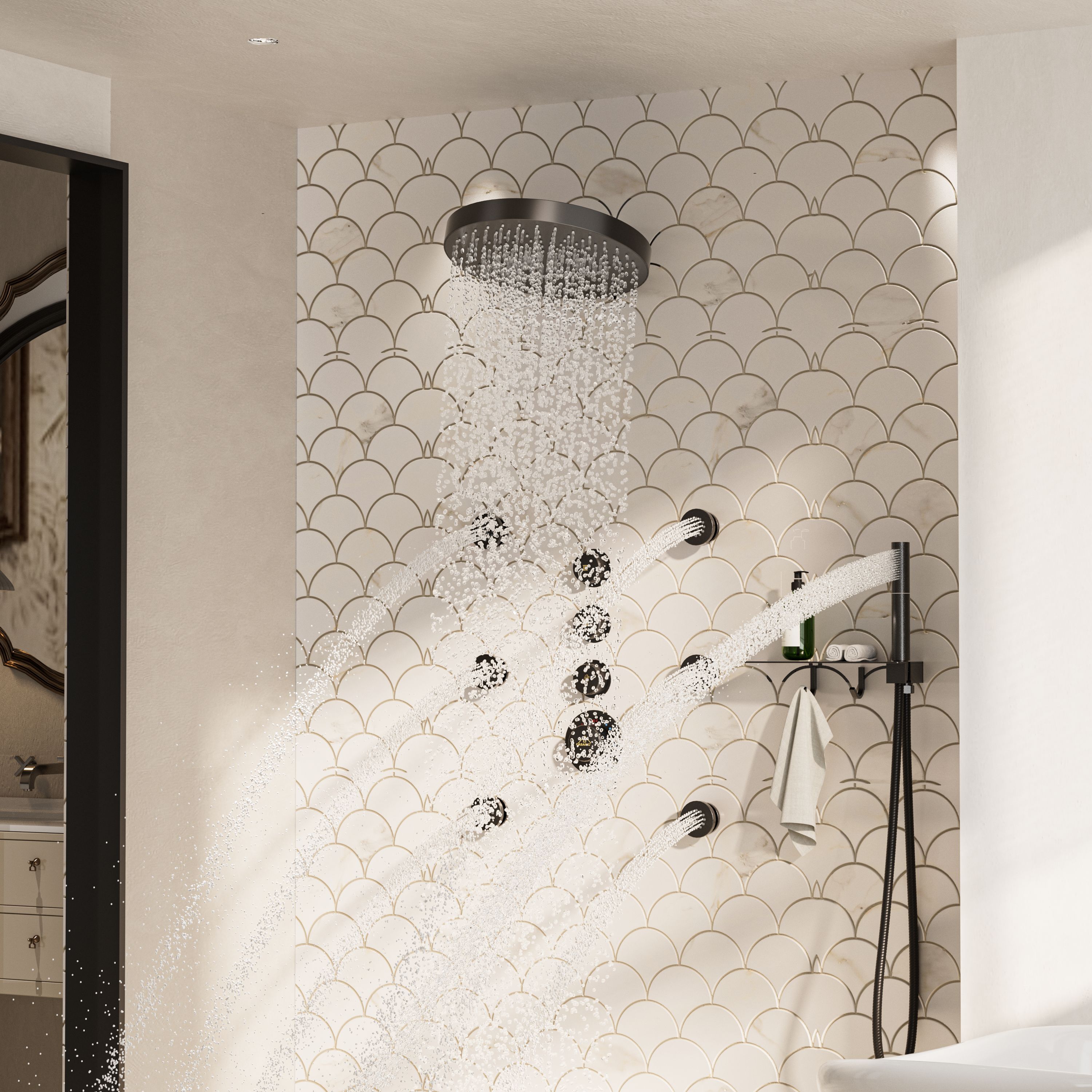 12" Adjustable Shower Head With Shelf Shower System, Hand Shower With Spray Gun Function