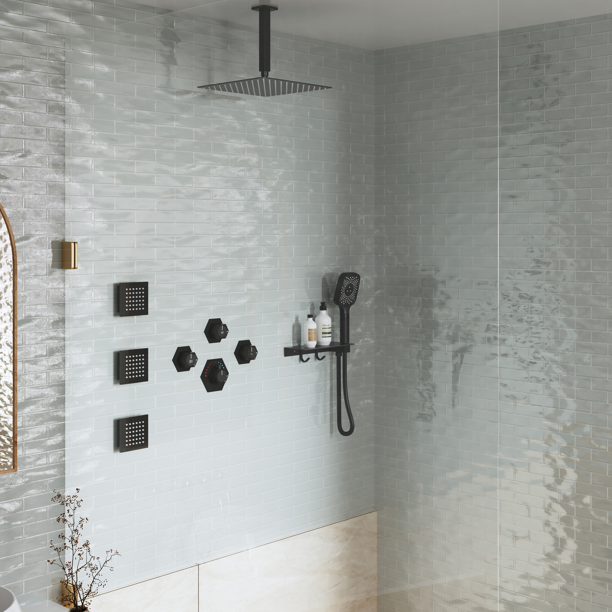 Ceiling Mount 3 Function Thermostatic Shower System with Rainfall Massage Jets