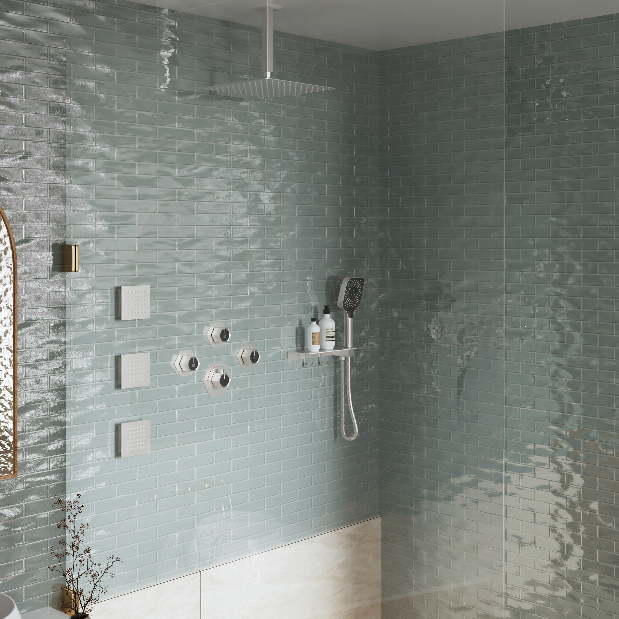 Ceiling Mount 3 Function Thermostatic Shower System with Rainfall Massage Jets