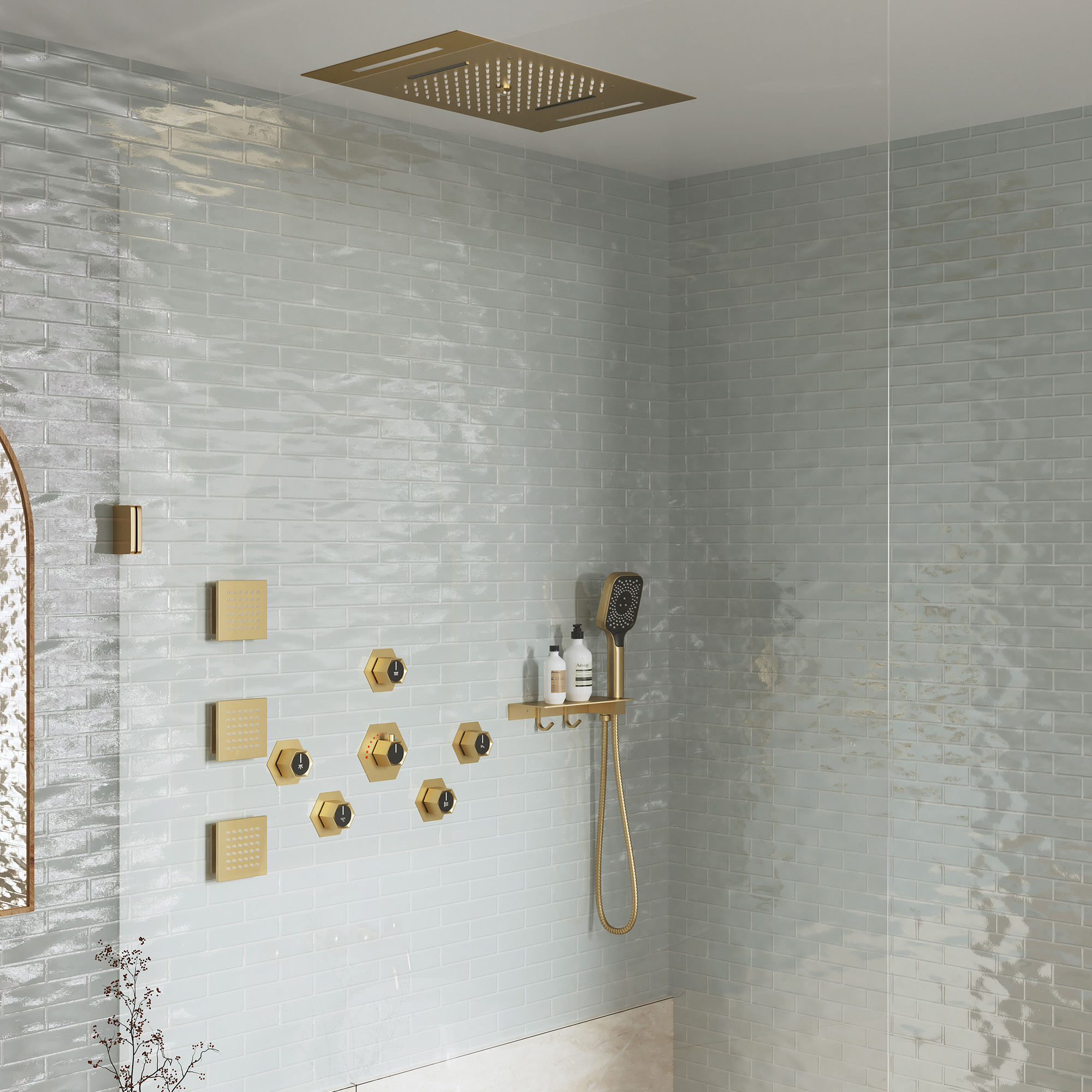 22.8" x 15" Luxury Thermostatic Ceiling-Mount Shower System with 64-Color LED Lights