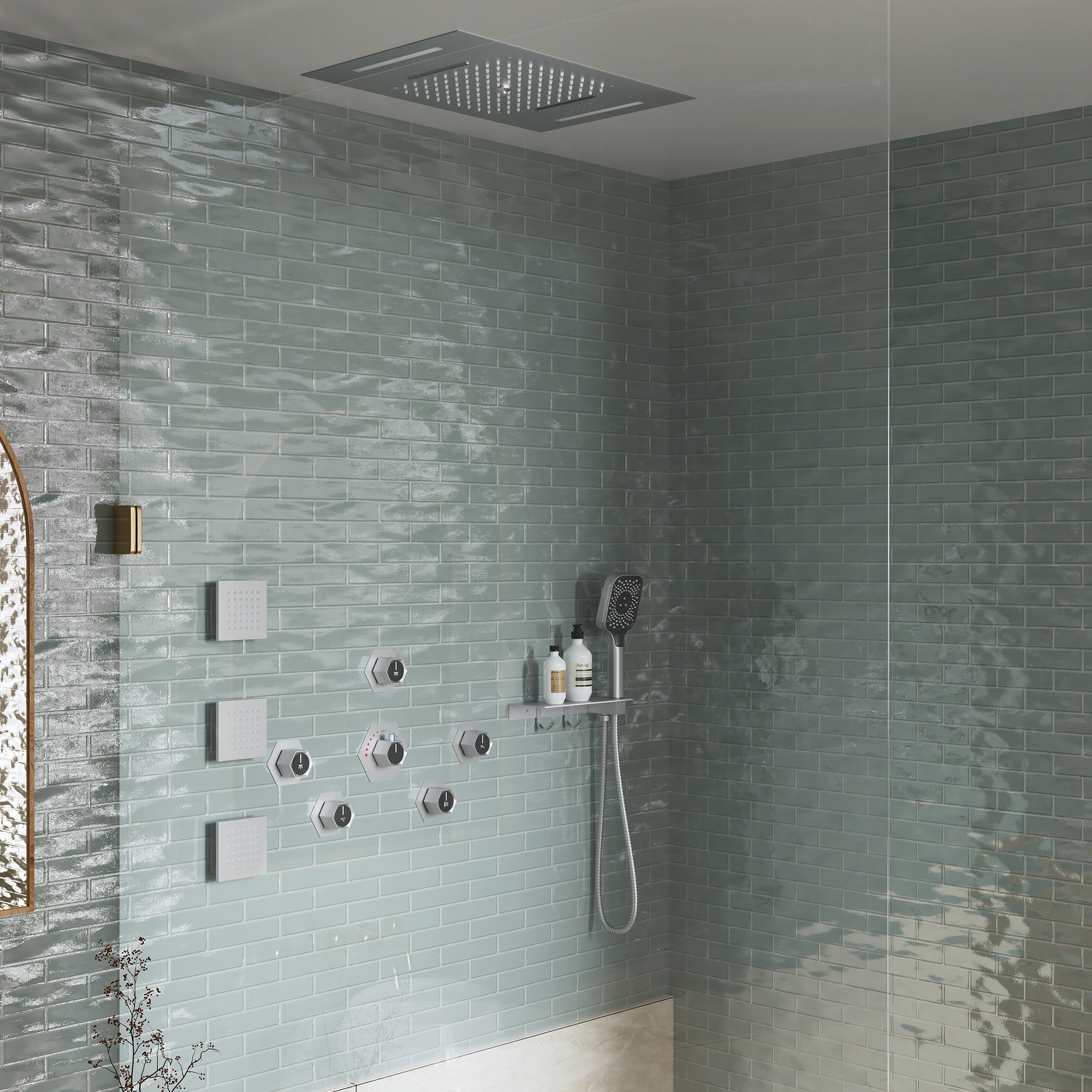 22.8" x 15" Luxury Thermostatic Ceiling-Mount Shower System with 64-Color LED Lights