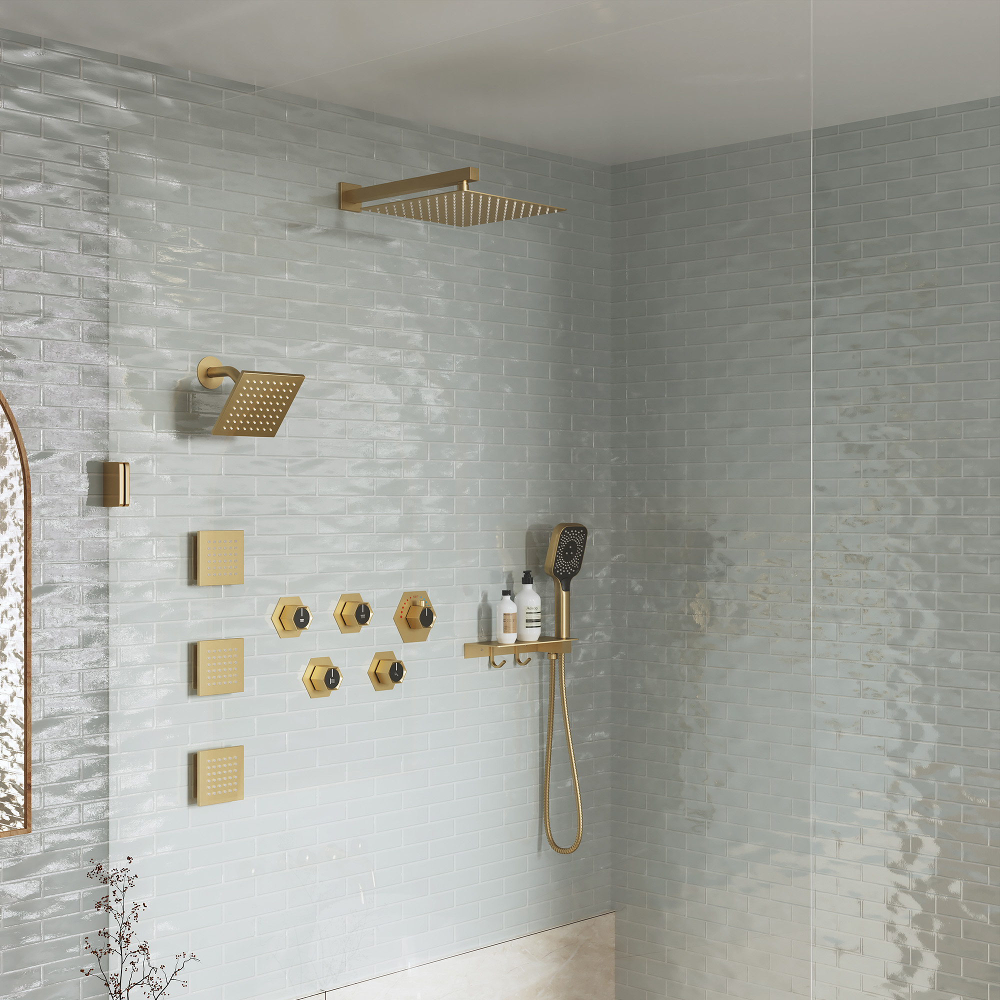 12" Dual Shower Head System with with 360° Side Sprays & Shelving Shower Holder