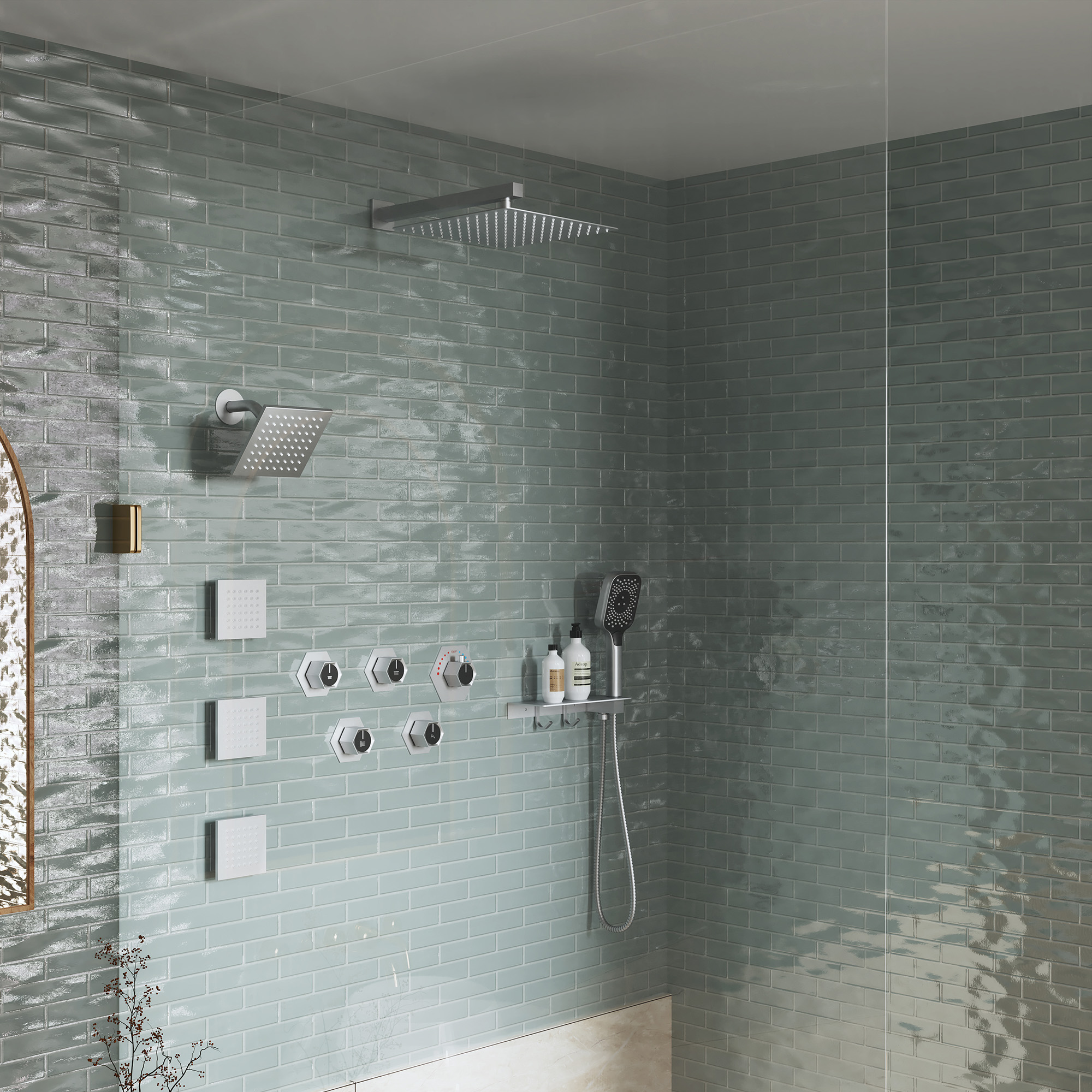 12" Dual Shower Head System with with 360° Side Sprays & Shelving Shower Holder