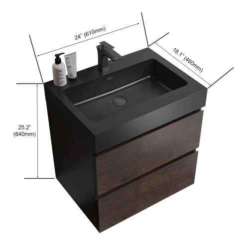 24"/30"/36" Walnut Wall-Mounted Floating Bathroom Vanity with Black Sink Basin