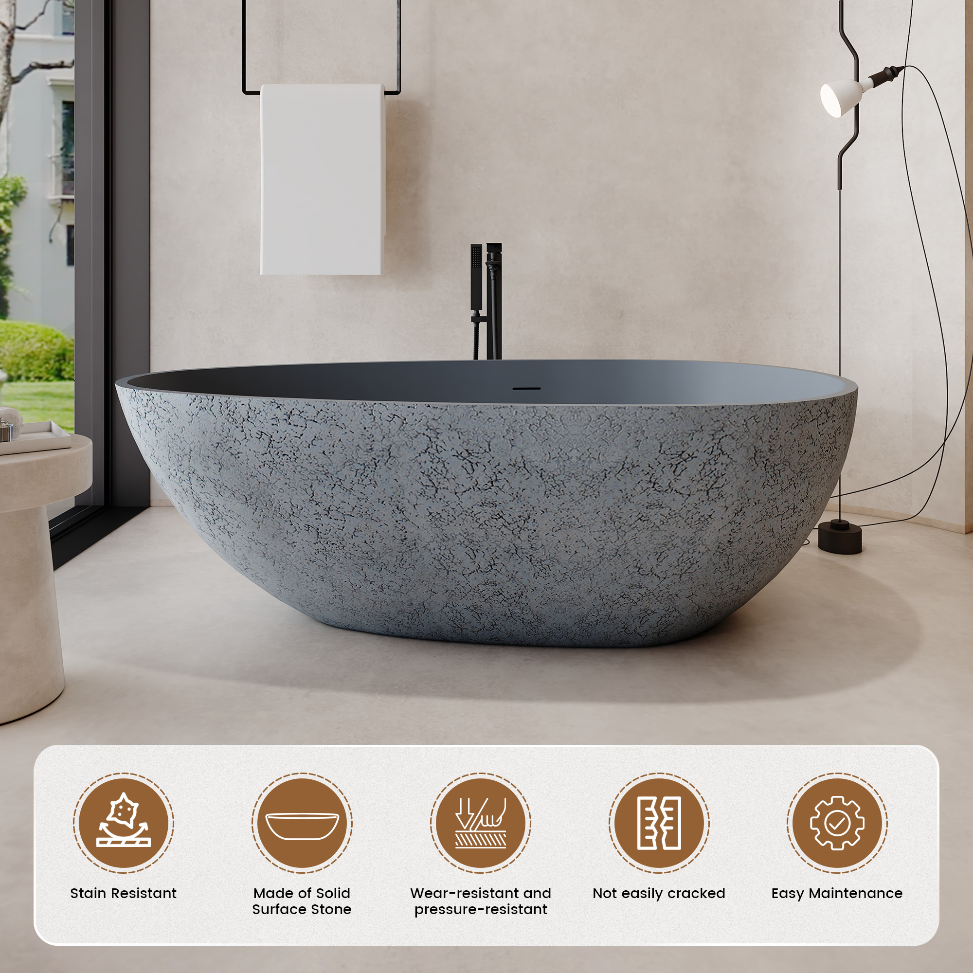 59" Freestanding Resin Stone Soaking Bathtub with Cement-Colored Body and Outer Dot