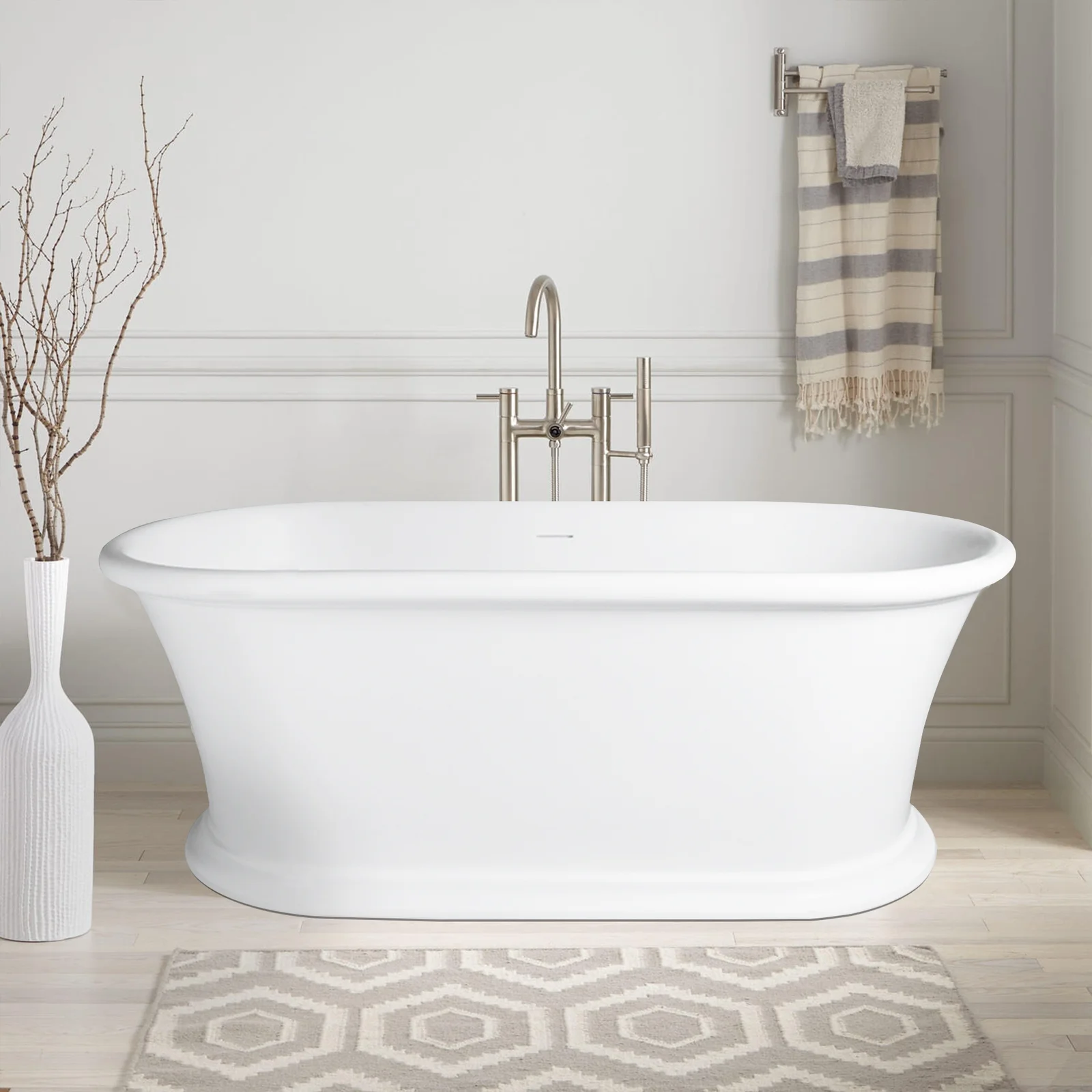 61" Hand-Polished Matte White Freestanding Bathtub with Pedestal Base