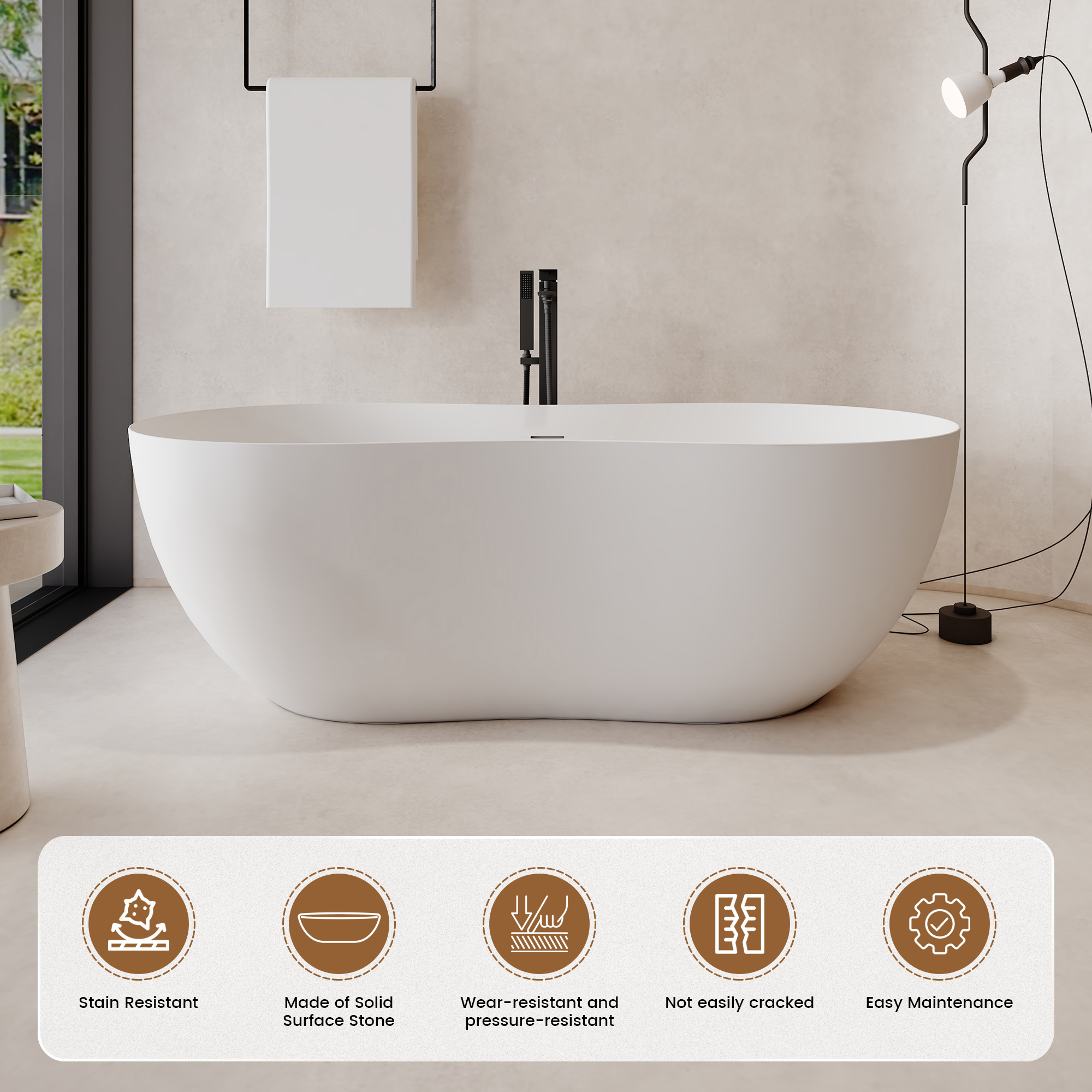 67" Solid Surface Freestanding Soaking Bathtub with Unique Peanut Shape