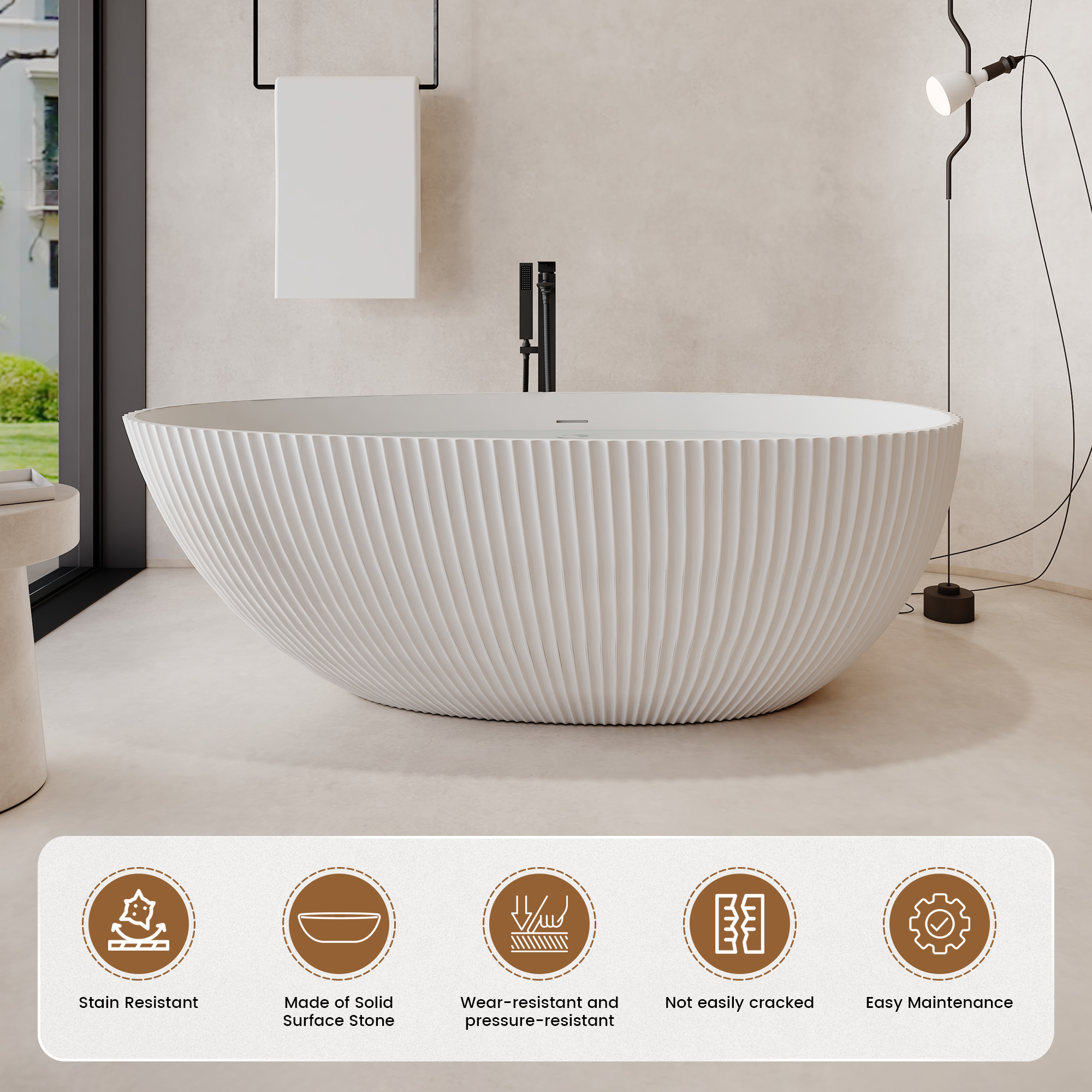 67" Solid Surface Freestanding Soaking Bathtub with Ribbed Textured Design