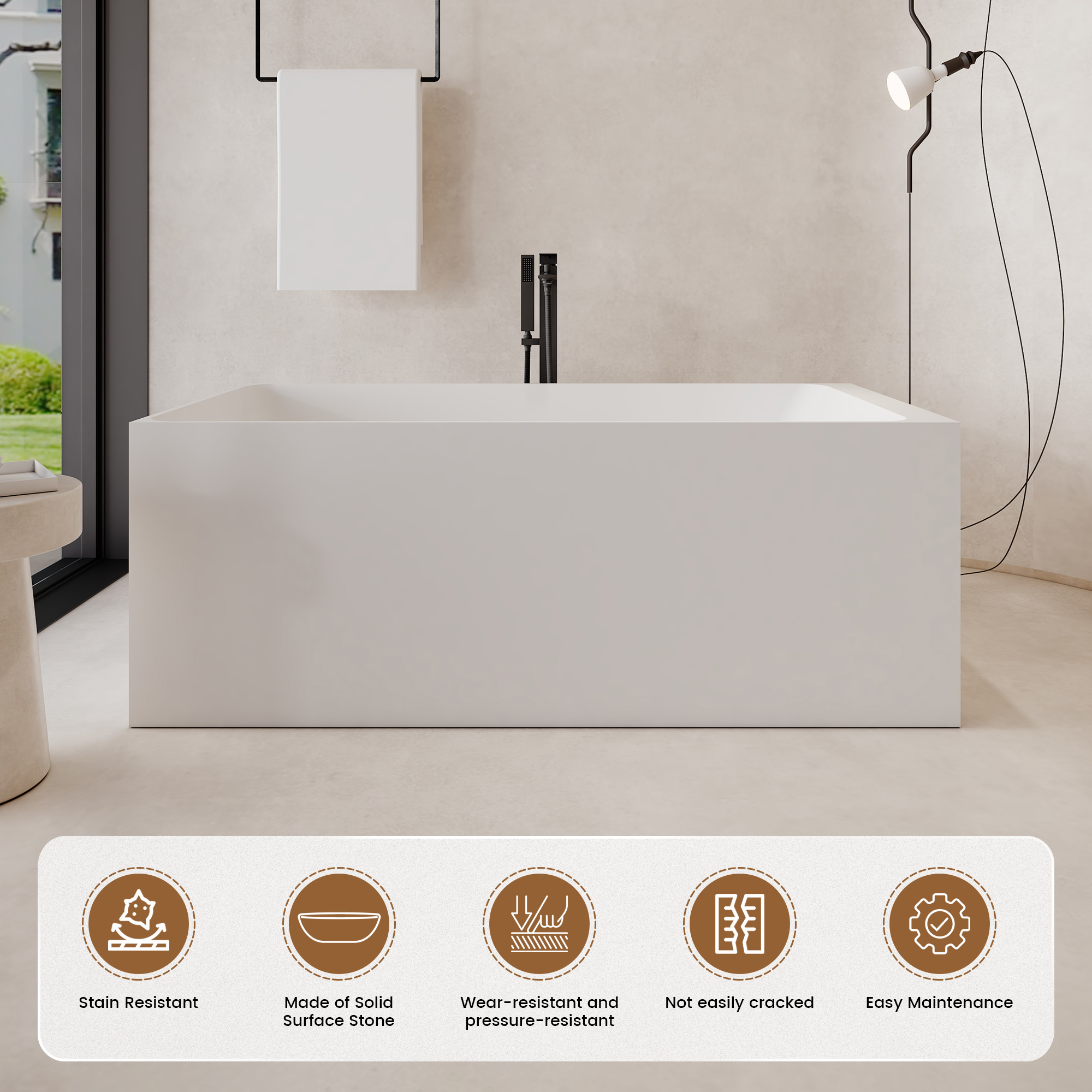 59" Rectangular Solid Surface Freestanding Bathtub with Sloped Backrest