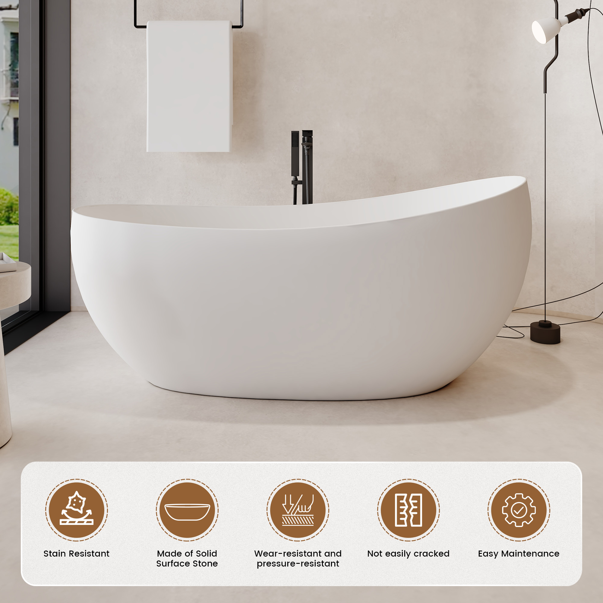 63" Solid Surface Freestanding Soaking Bathtub with High Backrest