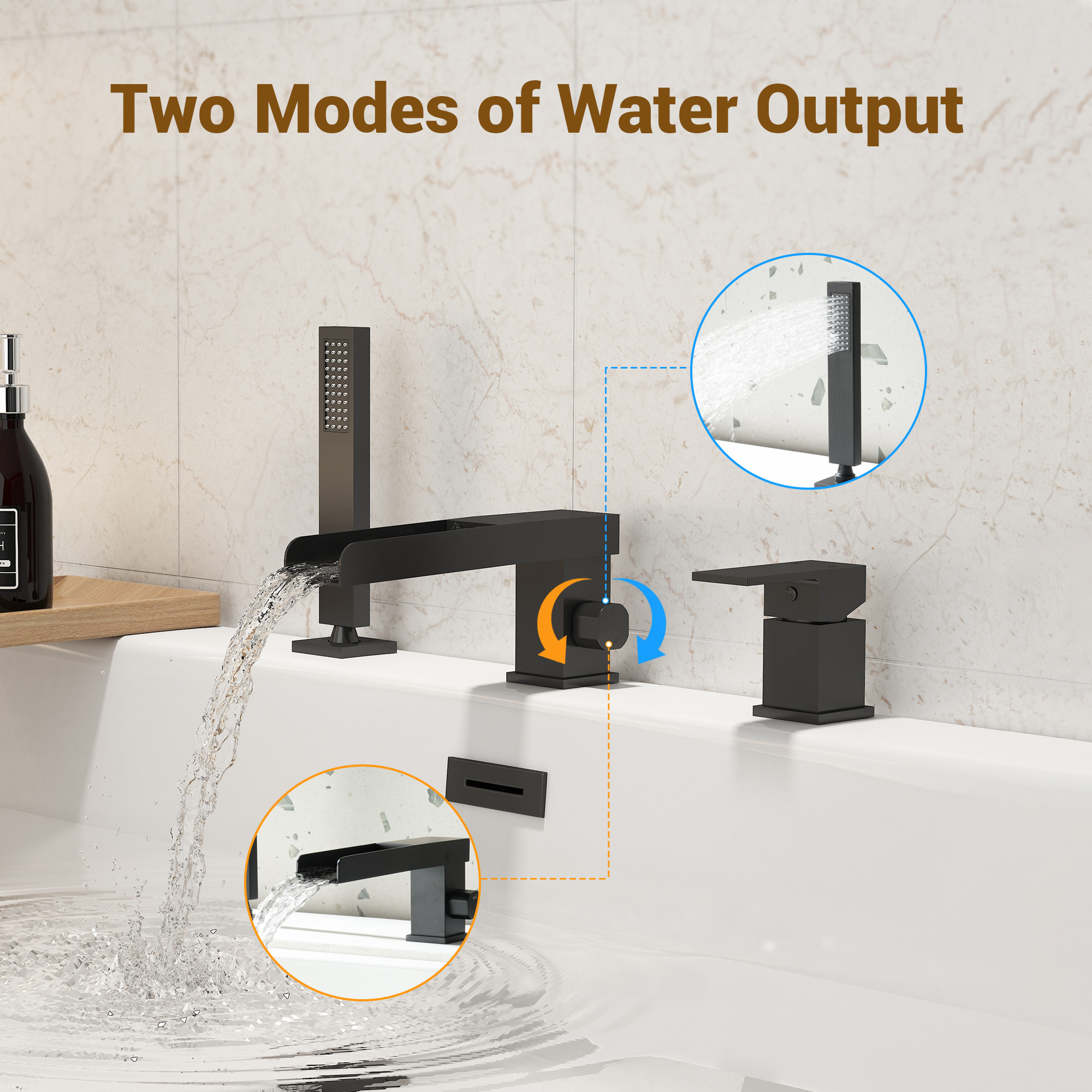 Single-Handle 3 Holes Waterfall Bathtub Filler Faucet with Hand Shower