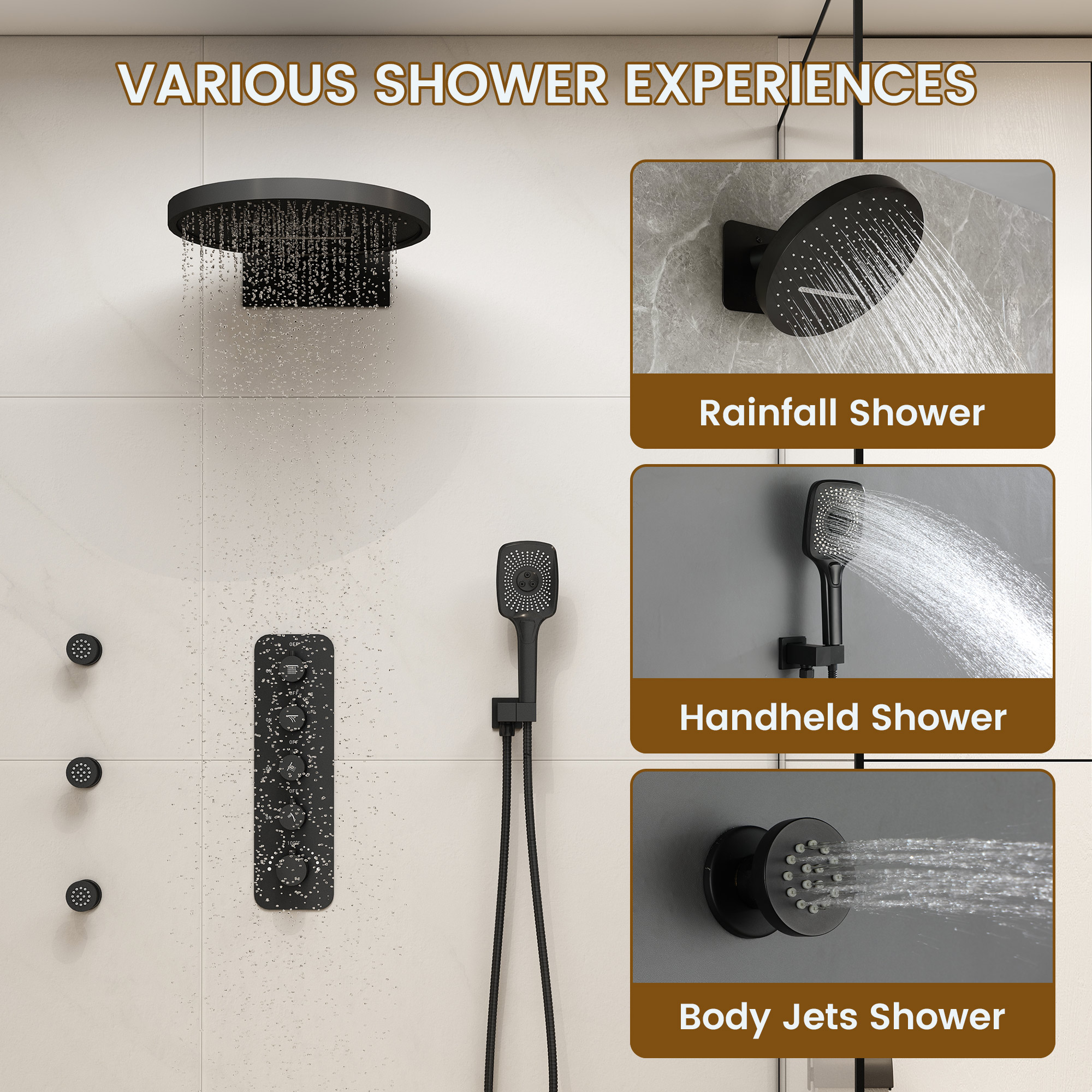 16-inch Wall-Mounted 4-Function Thermostatic Shower System with 3 Body Jets