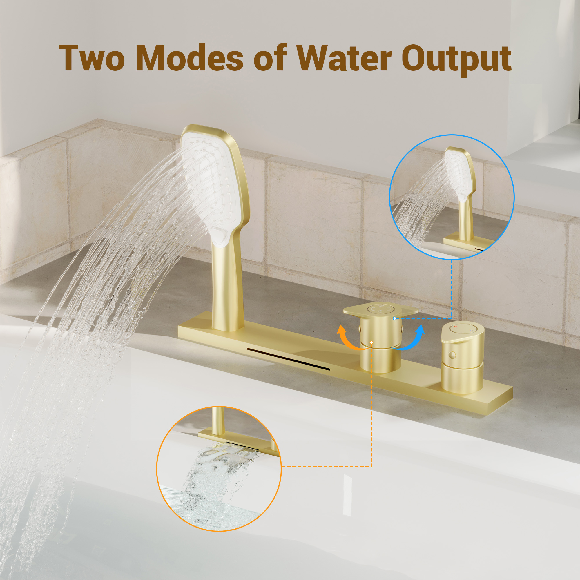 2-Handle Deck-Mounted Bathtub Faucet with 2 Spray Modes Hand Shower