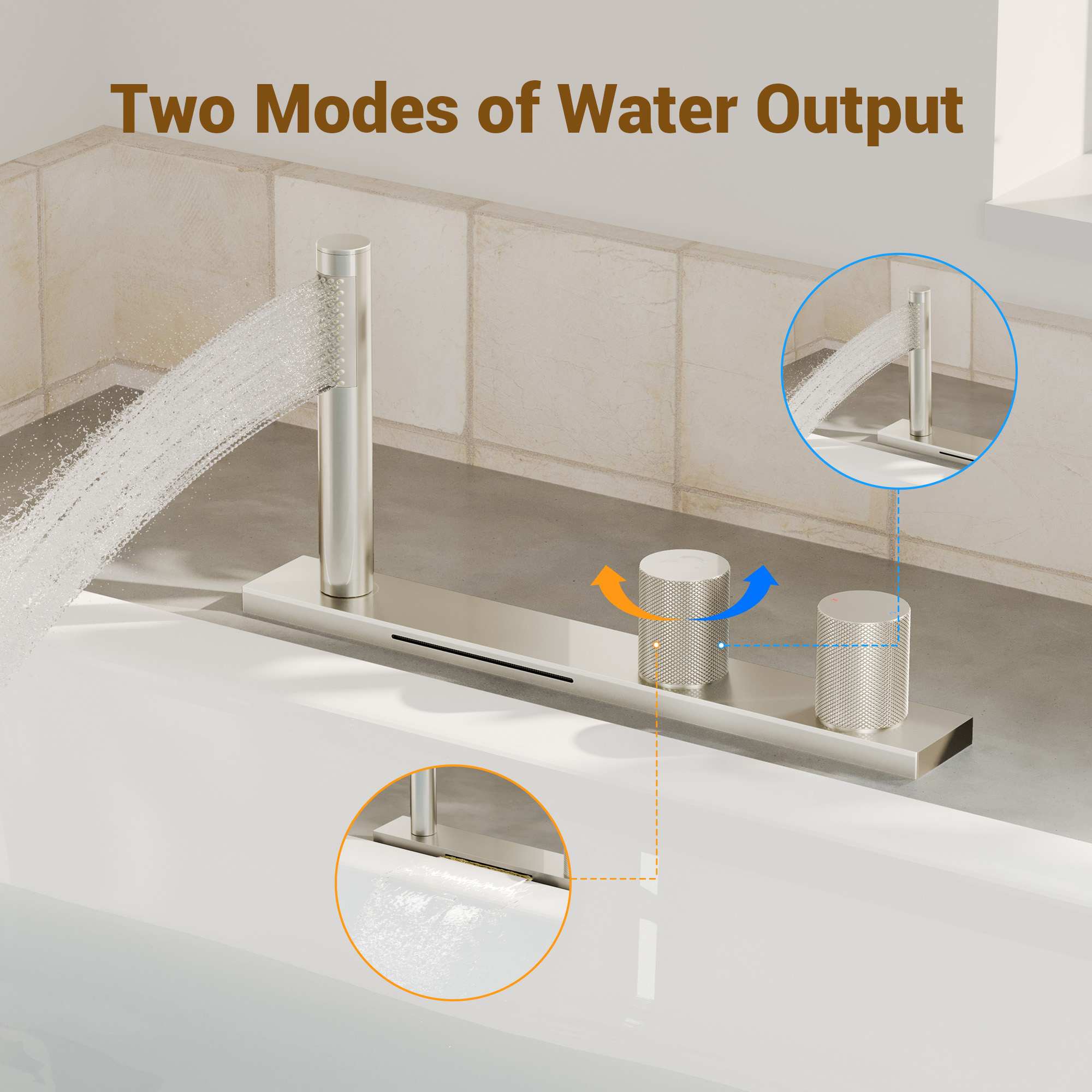 2-Handle Waterfall Roman Tub Faucet with Handheld Shower