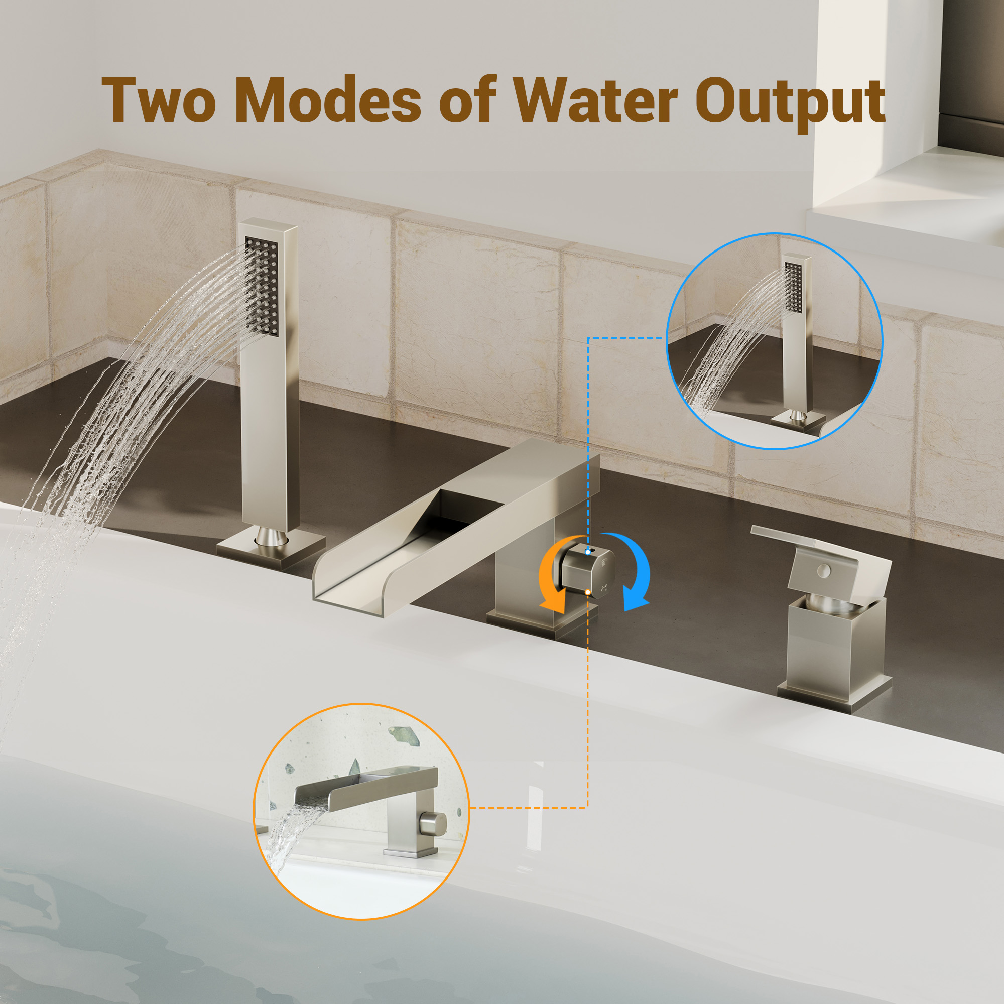 Single-Handle 3 Holes Waterfall Bathtub Filler Faucet with Hand Shower