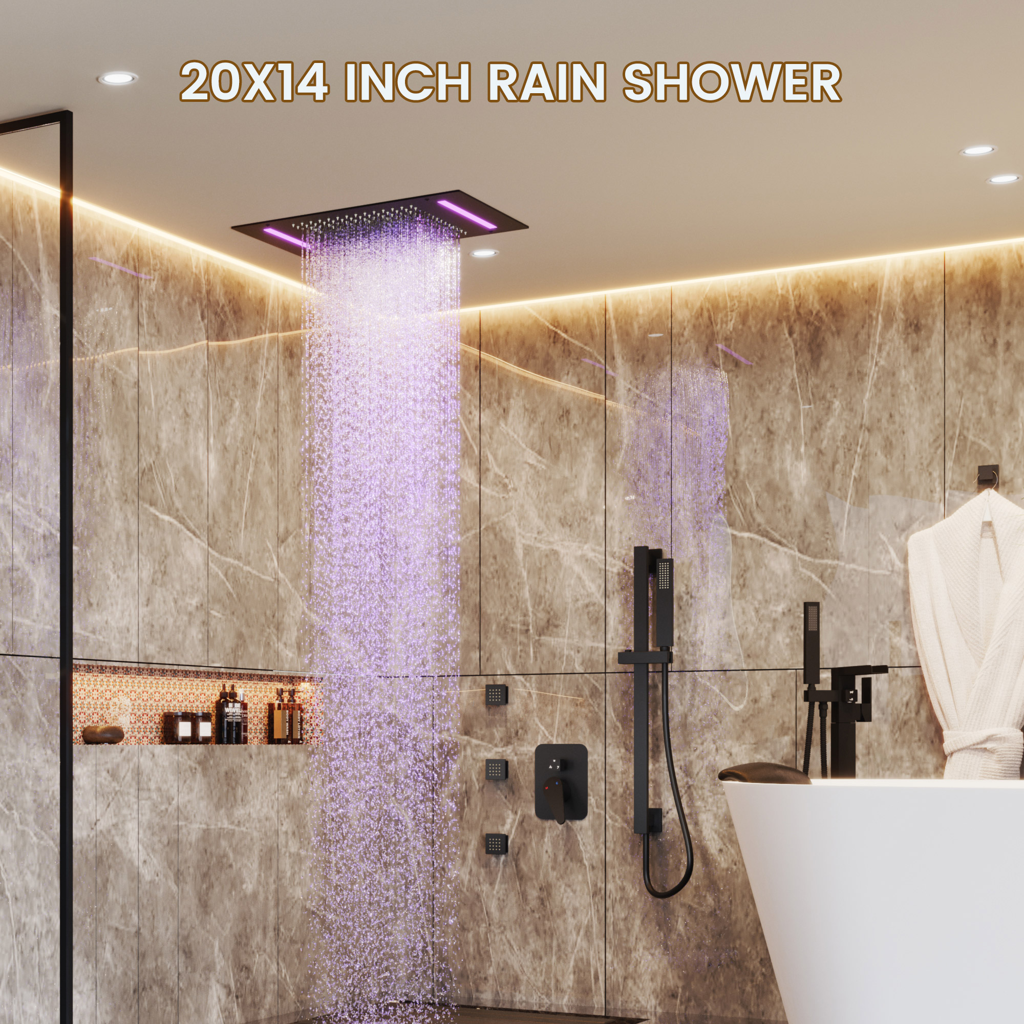 20*14 inch 3-Function Body Jet Shower System with LED Lights & Slide Bar