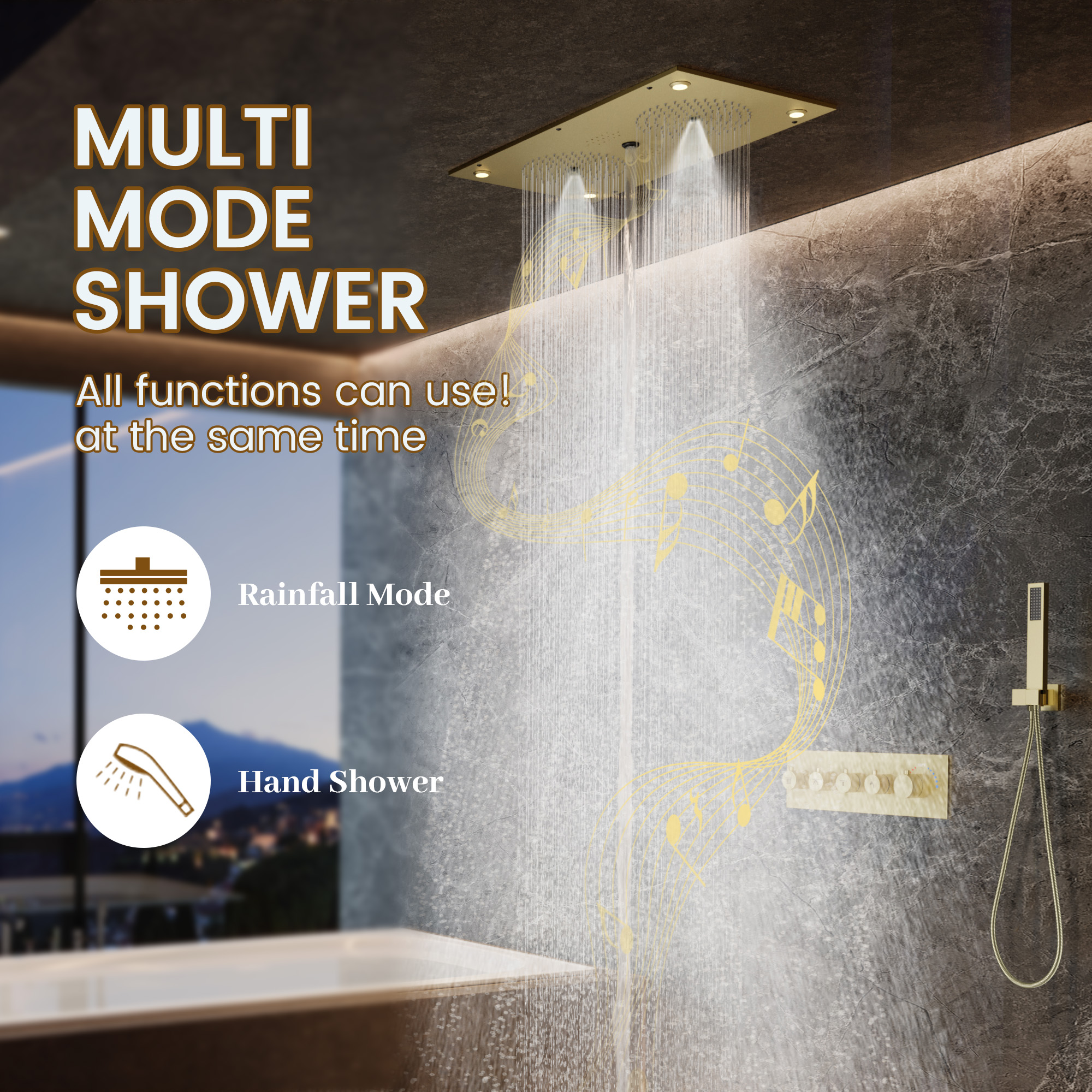 28*15 inch 4-Function Thermostatic Shower System with LED Lights & Bluetooth