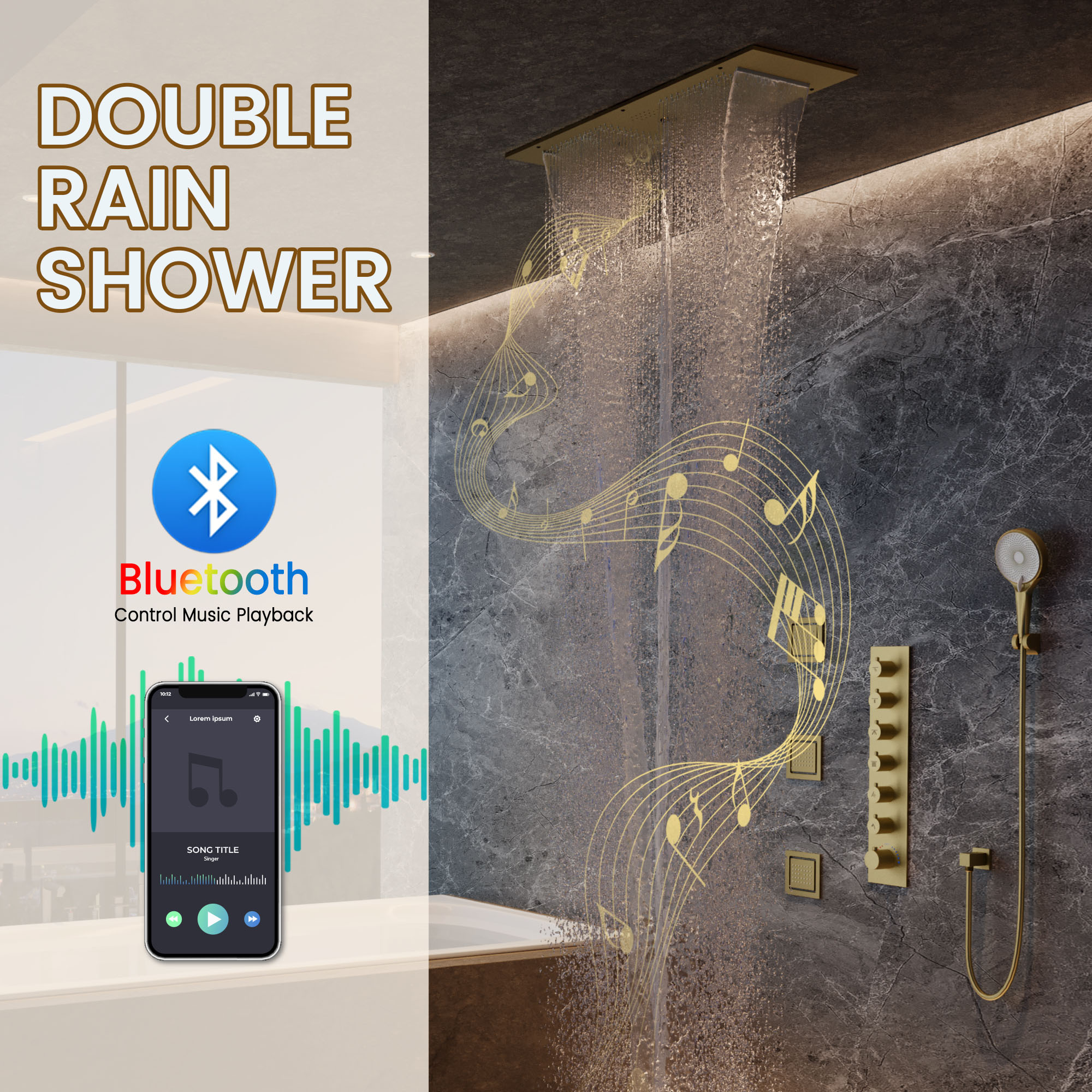 35*12 inch 6-Function Luxury Shower System with Body Jets & Bluetooth