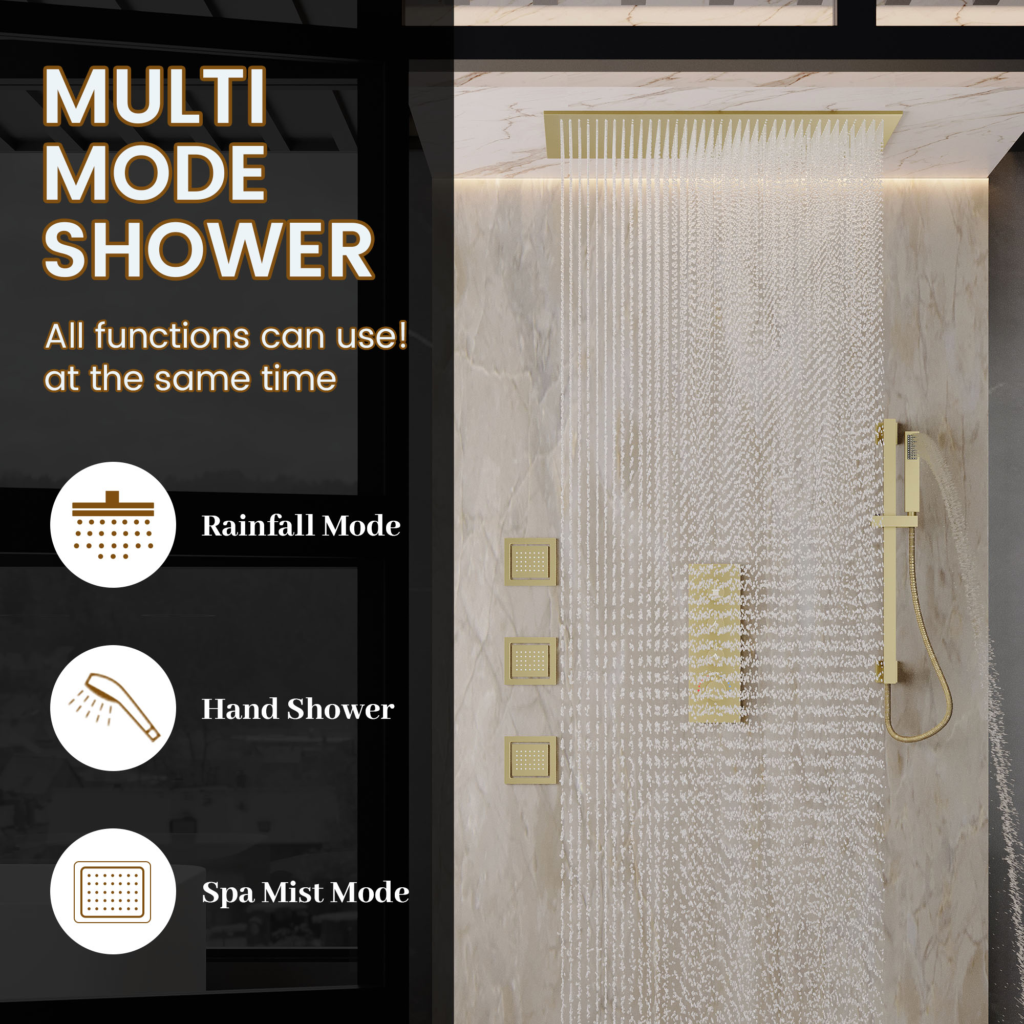 32*16 inch 3-Function Thermostatic Shower System with Body Jets