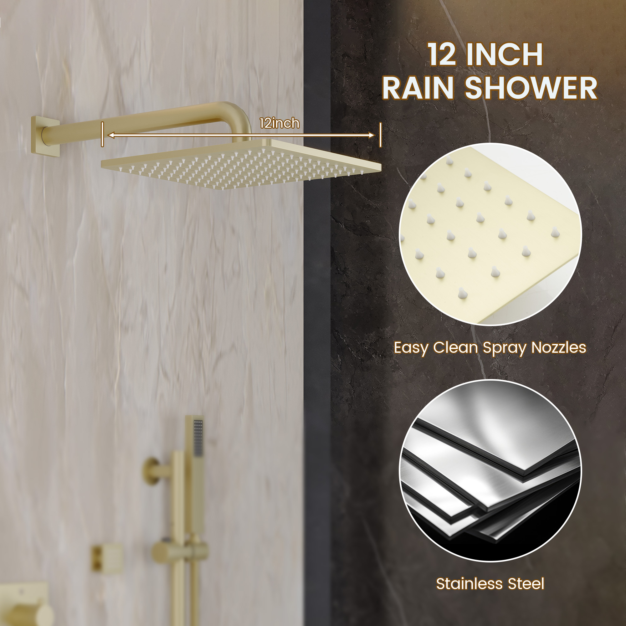 12-inch 3-Function Thermostatic Rain Shower System with Body Jets & Slide Bar