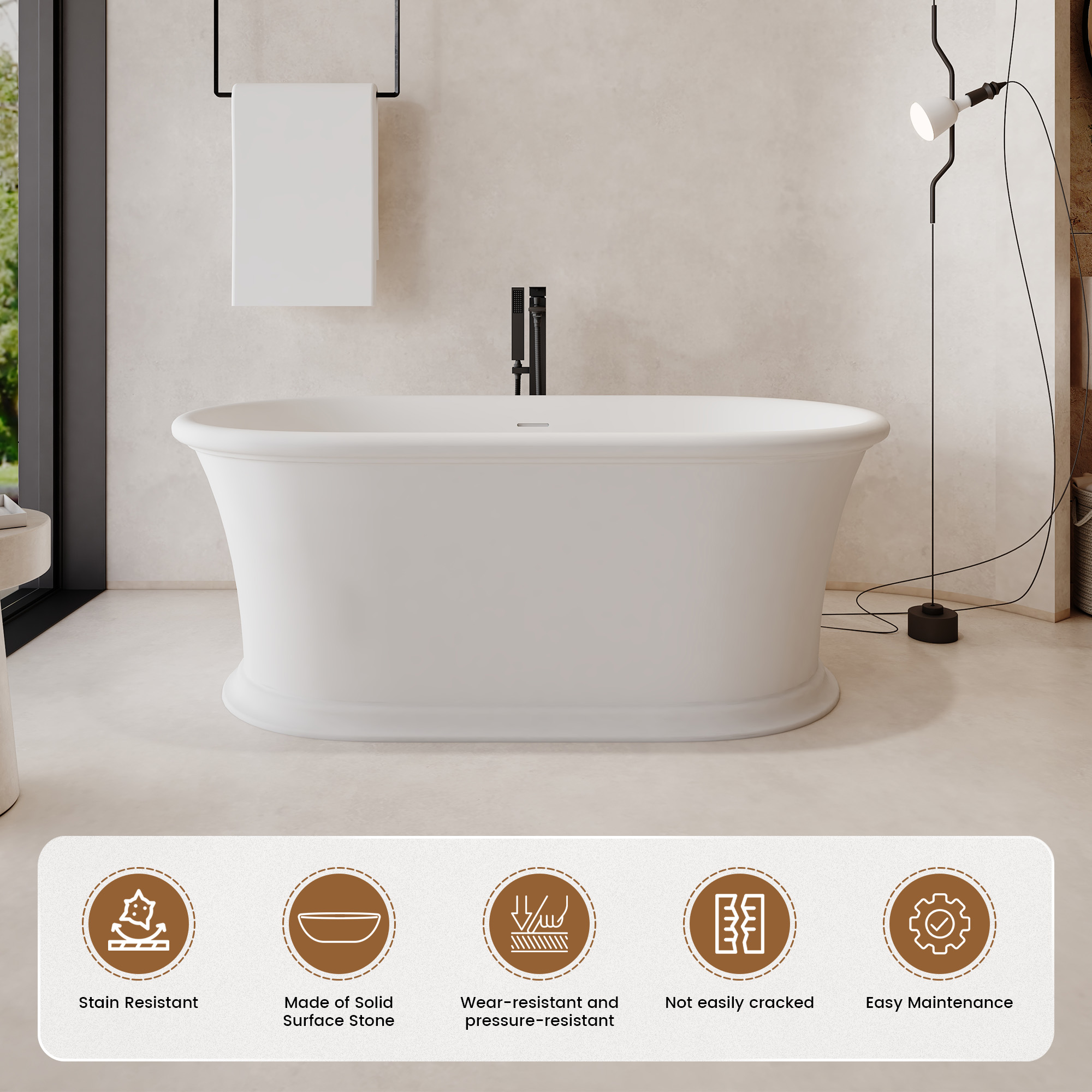 61" Hand-Polished Matte White Freestanding Bathtub with Pedestal Base