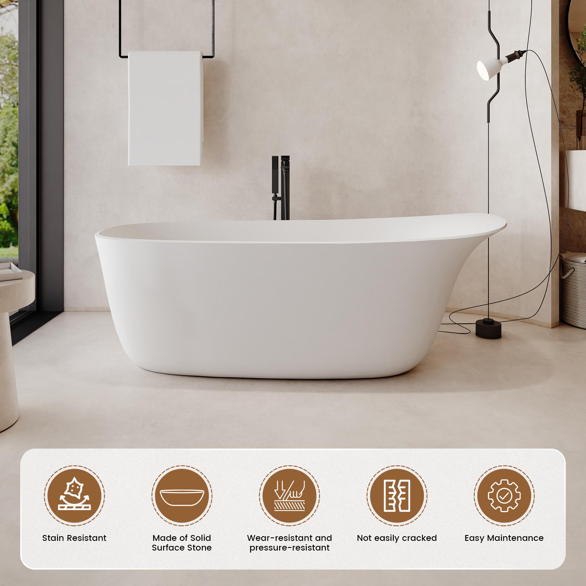63" Solid Surface Freestanding Soaking Tub with Unique Cap Design